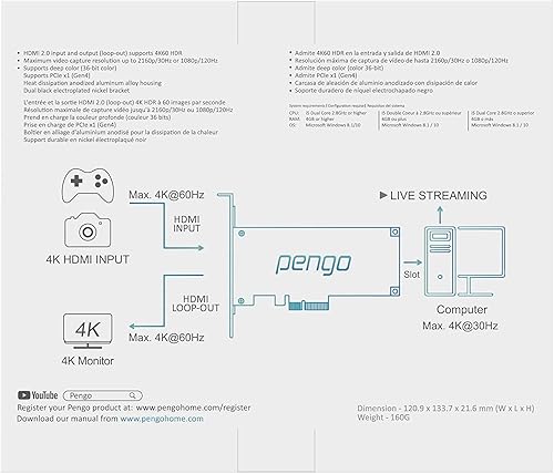 Miniatura 10 de Pengo Tarjeta de captura 4K HDMI PCIe 4K60 HDR, tarjeta interna de captura de juegos para transmisión de Nintendo Switch, PS5, PS4, Xbox Series en