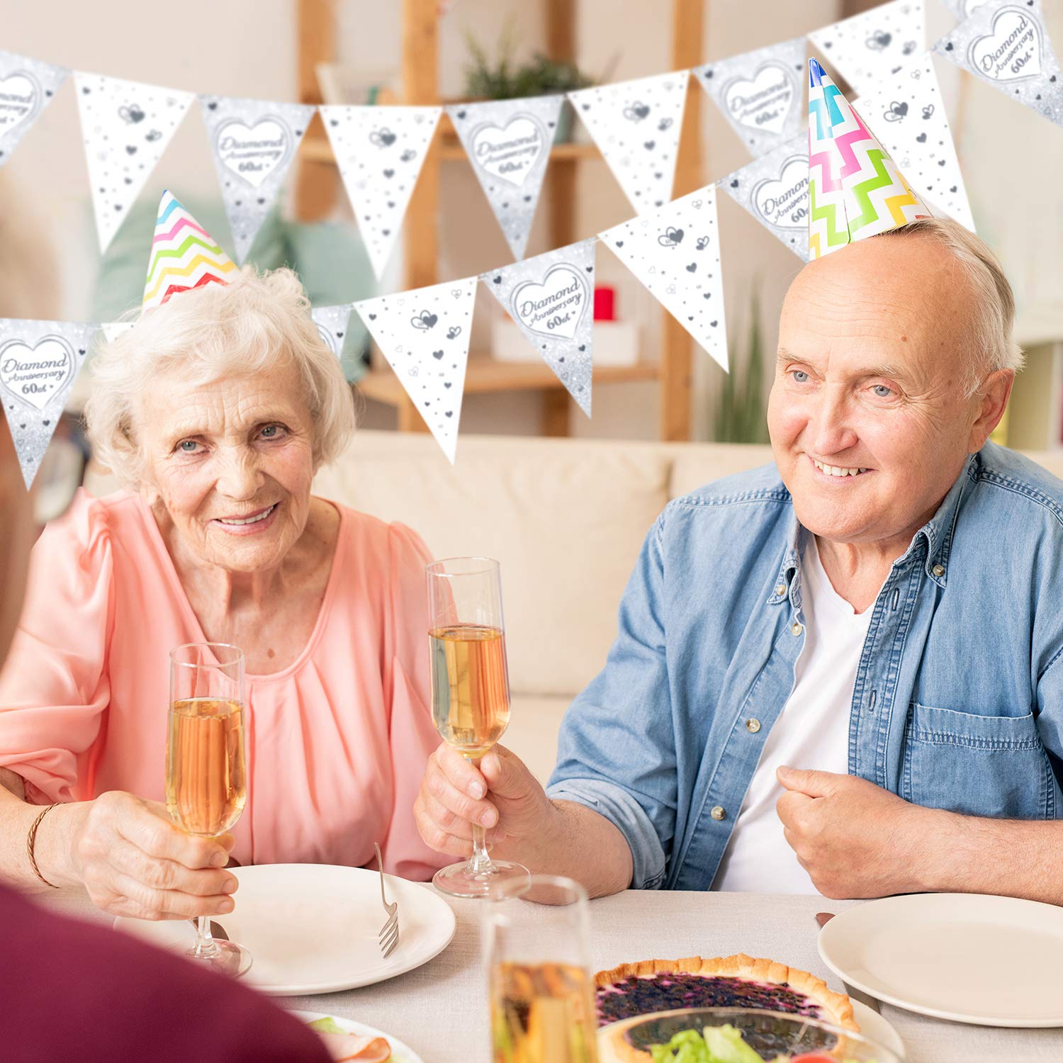 Elicola Decorazioni Per 60° Anniversario Di Matrimonio, Striscione Con Diamanti Da Appendere, Con Festoni Per 60° Anniversario, Sfondo Per Decorazioni Per Feste - Foto 5