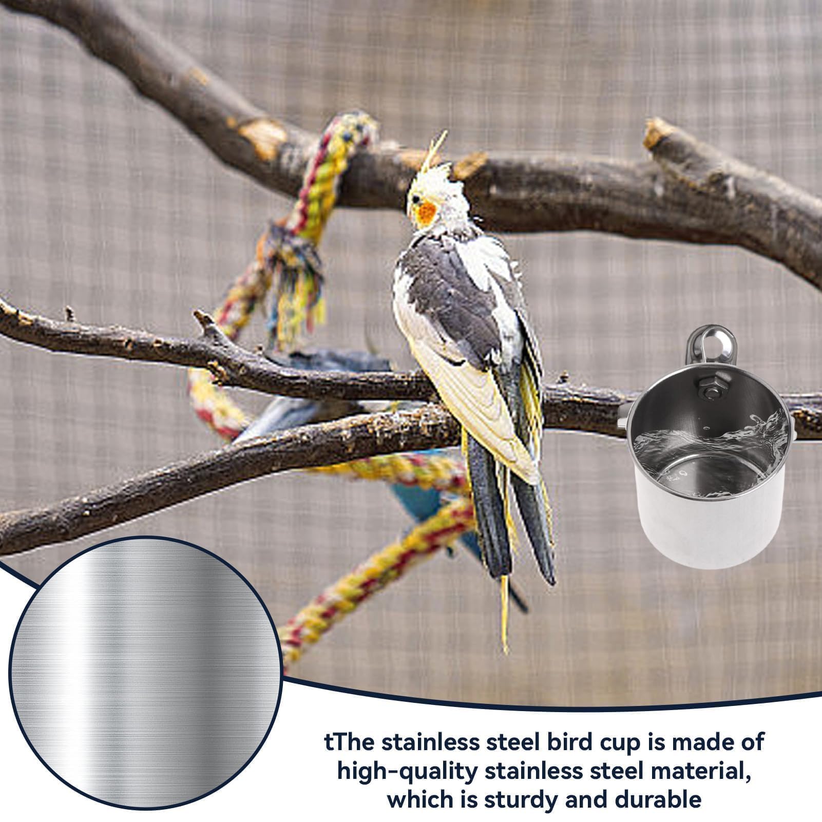 Stainless Steel Bird Feeder Bowls, Parrot Feeding Cups Bird Perch Chinchilla Food Bowl with Clip and Parrots Cage Stand Stainless Bird Cups Single - image 2