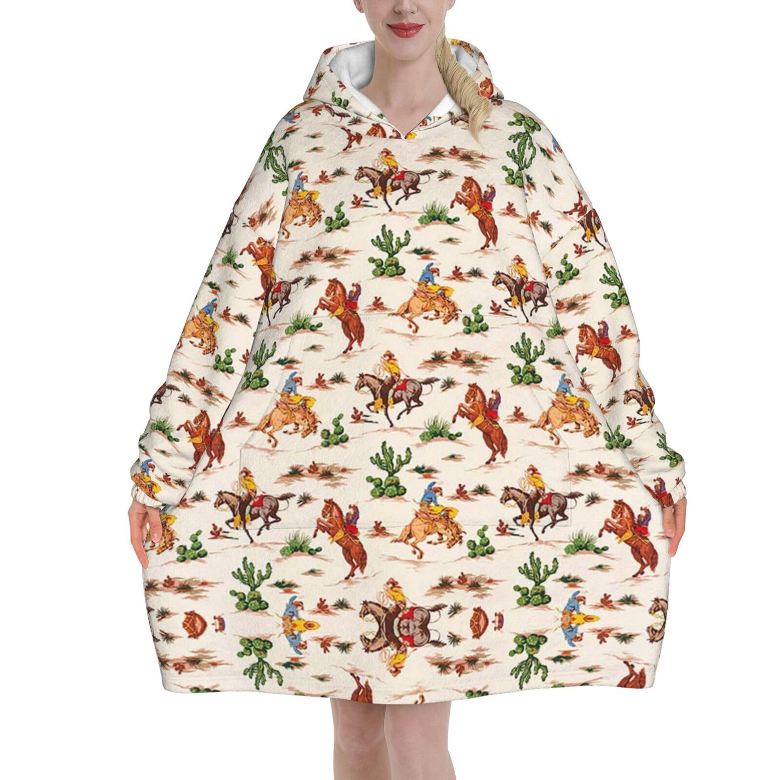 Cowboy Ride Horse Print Blanket Hoodie Oversized Sherpa Fleece Sweatshirt Blanket With Sleeves And Pockets
