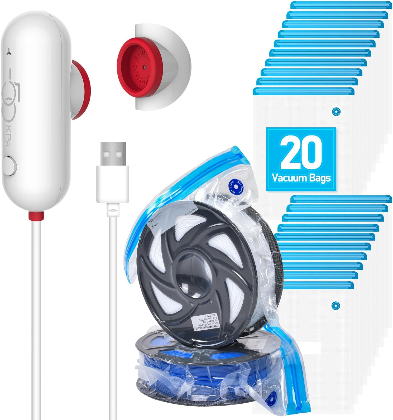 3D Printer Accessories Upgrade Vacuum Kit, 20 3D Filament Vacuum Bags with USB Pump (30 x 34 cm) Reusable for 3D Printer Filament Storage, Protection Filament from Moisture