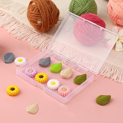 Miniatura 5 de ZEYIYER 16 tapones de aguja de tejer, protectores de punta de aguja de tejer de silicona, lindas tapas de aguja de punto de margarita y hojas,