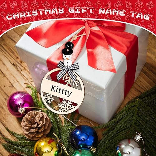 Miniatura 7 de 18 etiquetas de nombre de madera de Navidad, etiqueta colgante de calcetín de Navidad con etiquetas huecas de copo de nieve, lazos a cuadros, muñeco