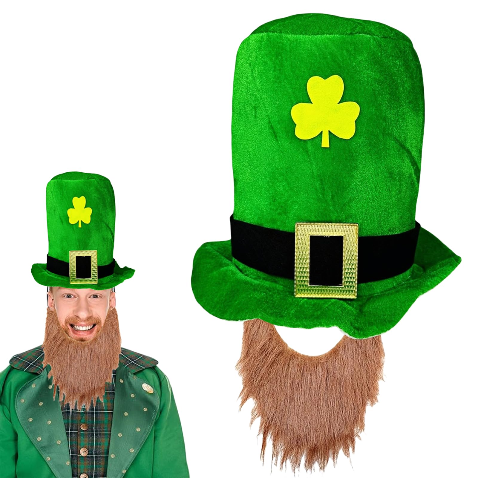 St. Patrick's Day Hat with Ginger Beard for Adult,Deluxe Green Shamrock Leprechaun Top Hats St Patrick's Day Accessories Irish Fancy Dress Costume Headwear Accessory Paddy's Day Hat for Men Women