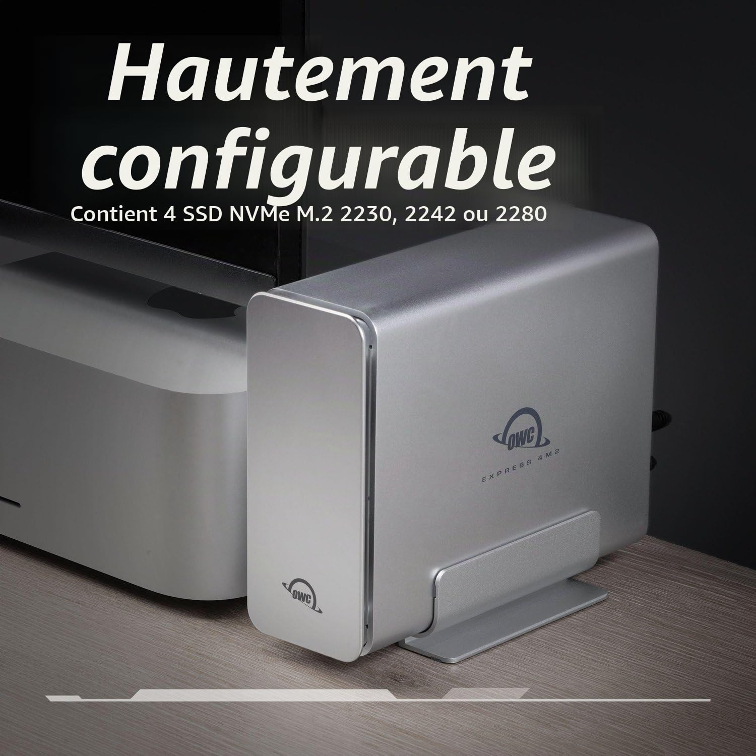 OWC Express 4M2 USB4 Boîtier 4 emplacements NVMe M.2 2230/2242/2280 SSD | Jusqu'à 3200Mo/s | Raid 0/1/4/5/10/JBOD | Compatible Mac/PC | Aluminium | Silencieux | Câble USB-C Inclus | sans SSD