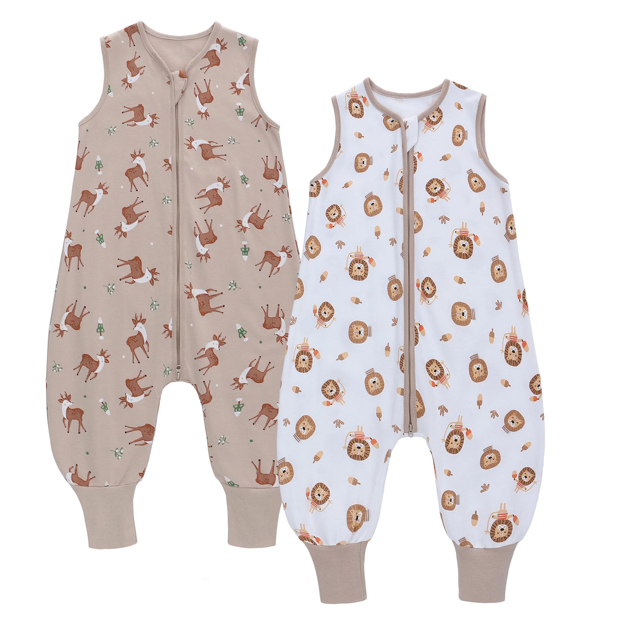 Miracle Baby 2pcs Confezione da 2 sacchi nanna estivo con piedi, 0,5 Tog, 100% cotone, per bambini, per ragazzi e ragazze (2, leone + cervo, L/95-105 cm)