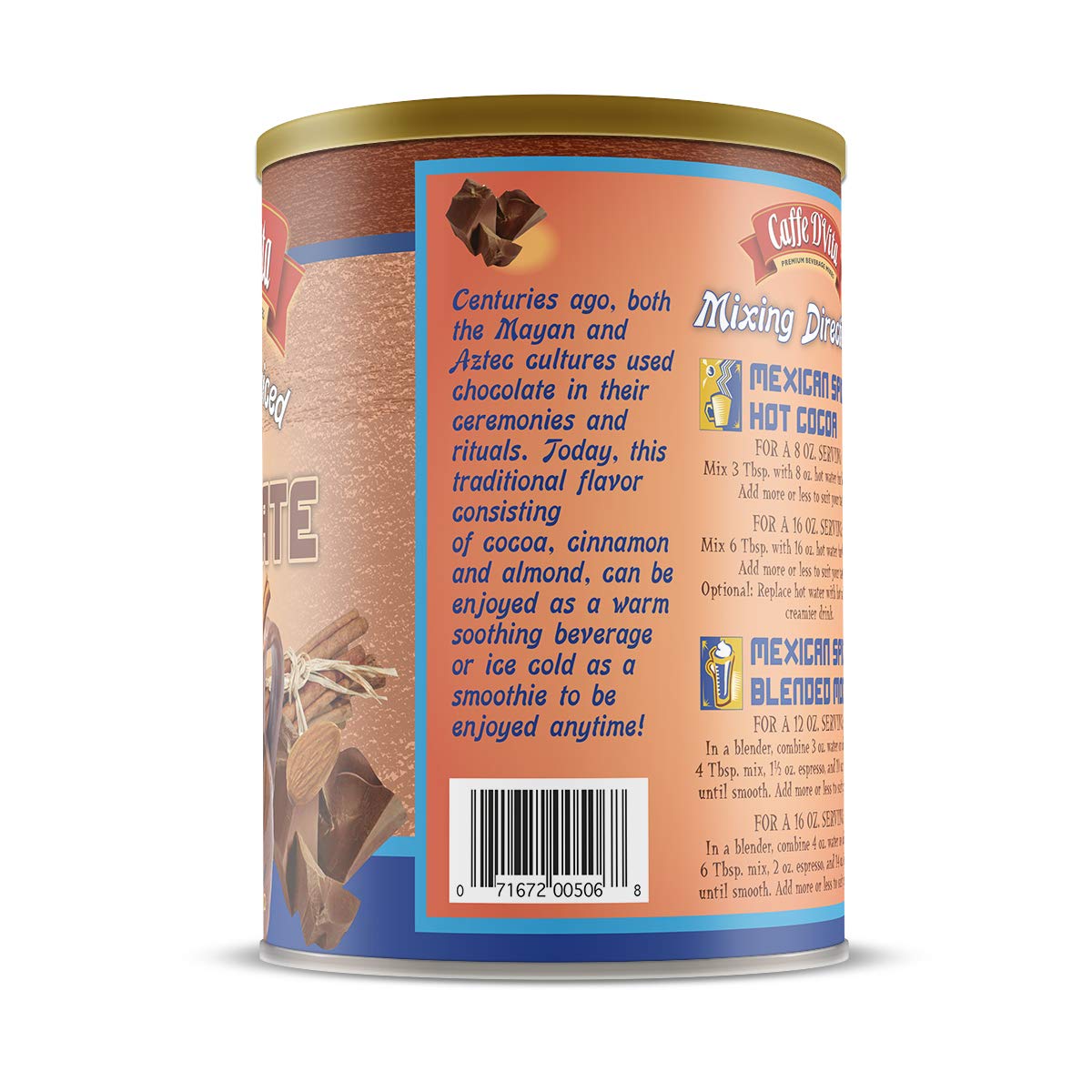 Caffe D'Vita Mexican Spiced Ground Chocolate - Mexican Chocolate Drink, Spiced Coffee, Gluten Free, Low Fat, No Cholesterol, No Hydrogenated Oils, No Trans Fat, Kosher-Dairy, Mexican Coffee - 3 Lb Can