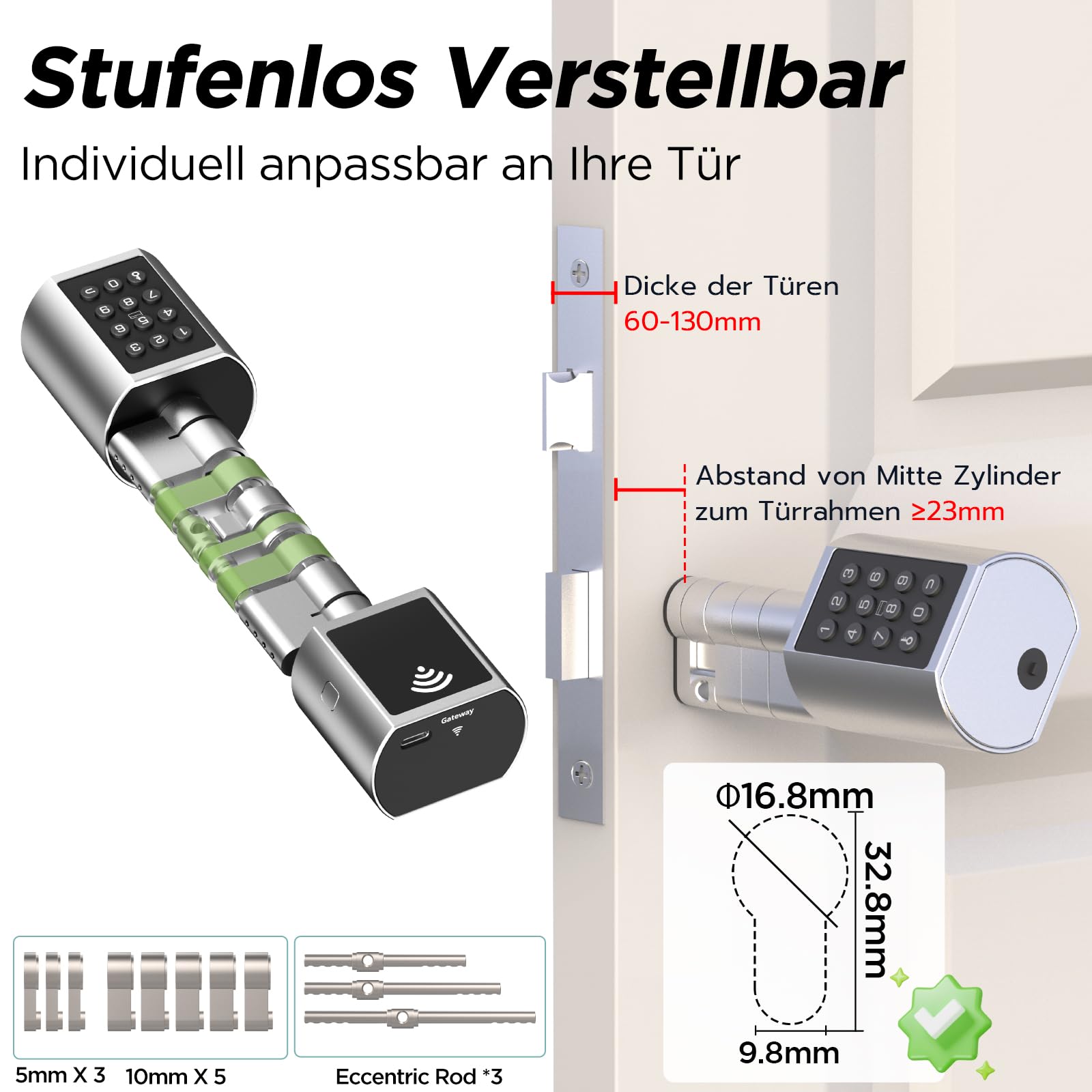 Eseesmart Smart Lock mit WLAN & Bluetooth – Elektronisches Türschloss Fingerabdruck mit Display, Code, RFID & Schlüssel – Verstellbarer Zylinder für Asymmetrische & Standard Türen (60-130mm)