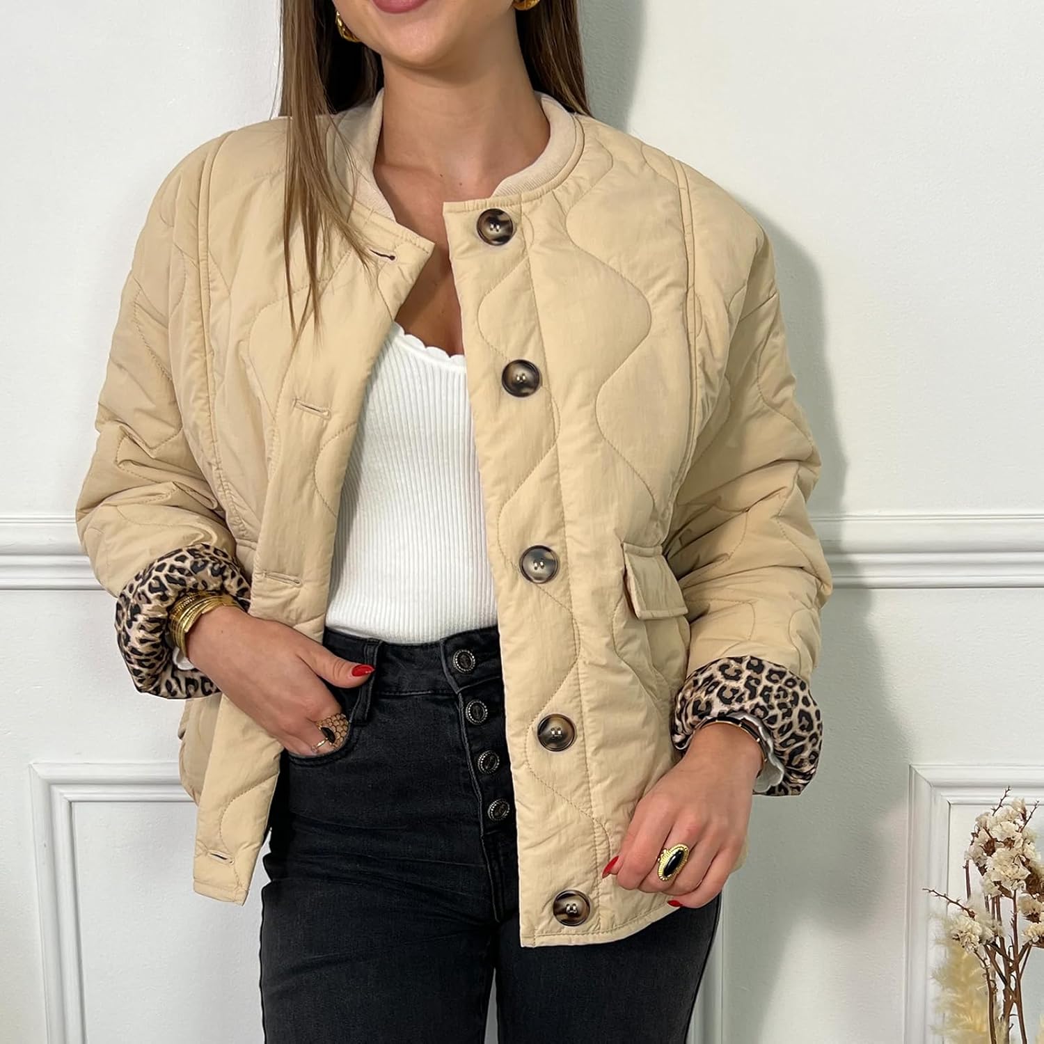 HOULENGS Womens Lightweight Quilted Jacket Casual Leopard Lined Puffer Outerwear Button Down Padded Bomber Coats with Pockets - Image 3