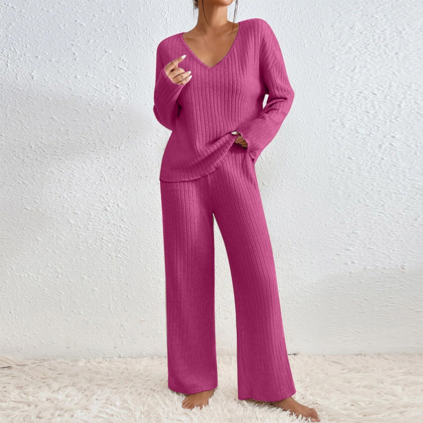 Loungewear Ensemble pyjama côtelé à manches longues pour femme | Ensemble de pyjama à manches longues et col en V en tricot et jambes droites - Vêtements de maison chauds - Couleur unie