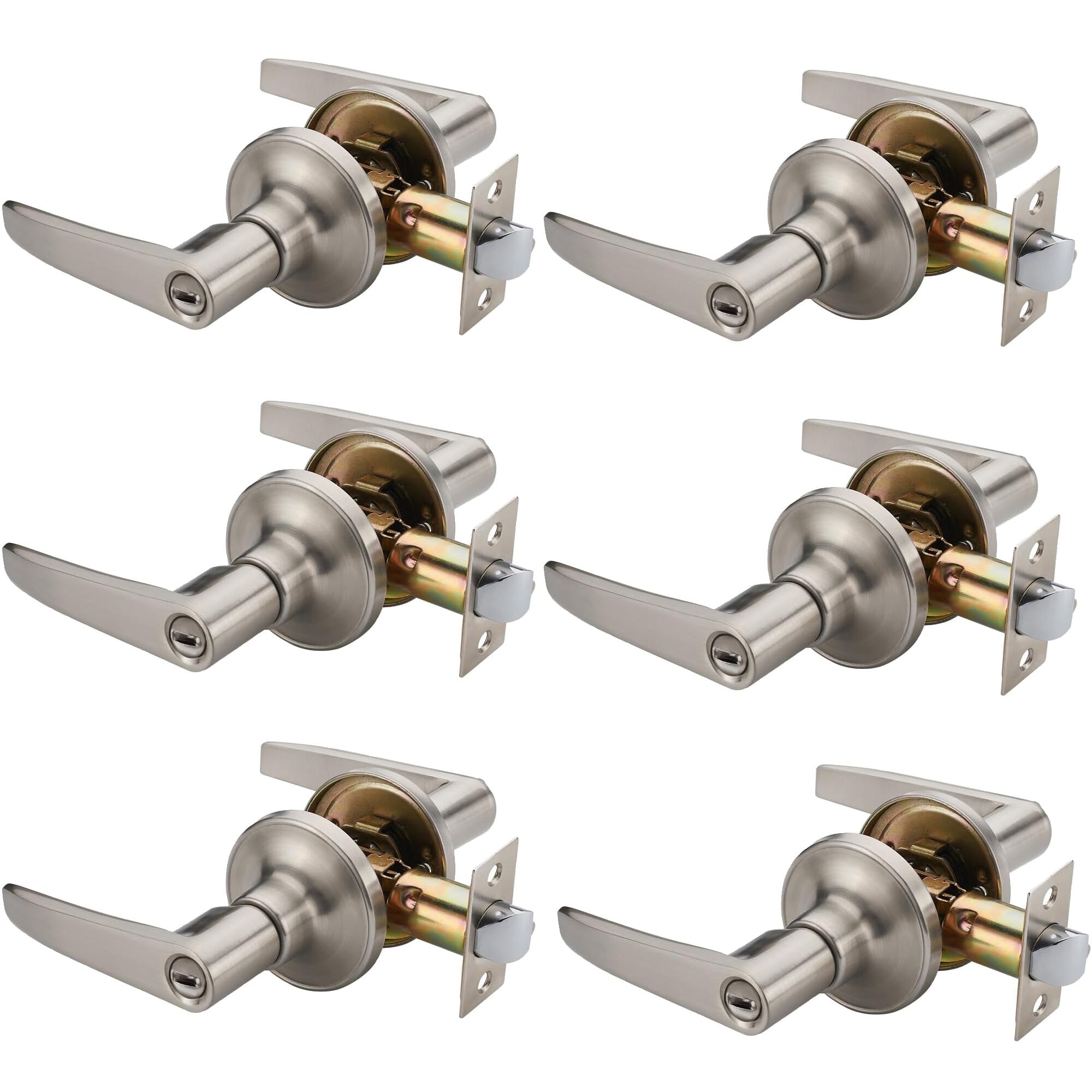 6 Pack of MANREN Lever Bathroom Door Lever Handle Lock, Universal Door Knob Hardware,Nickel Brushed Color (MR802bk-6)