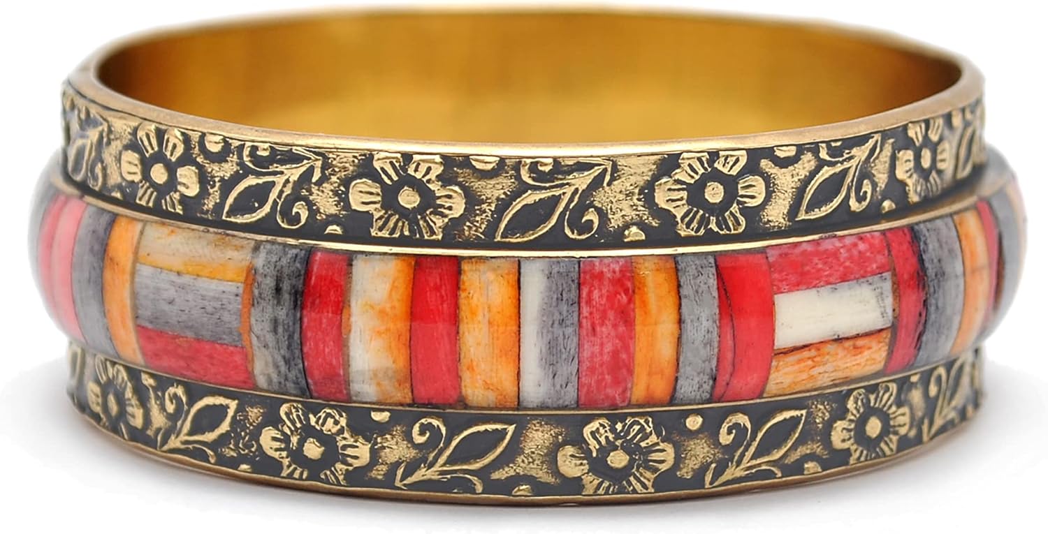 Pure Hands Handmade Rainbow Bone Bangle – Mosaic Buffalo Bone Bangle in Poppy Red, Grey & Orange | Floral Brass Edges | PU Coated Studio Jewelry for Girls