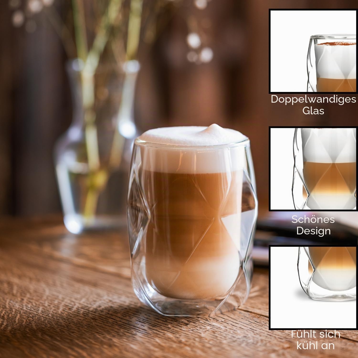 Vialli Design Set 2 x Thermogläser Doppelwandig 350 ml, Gläser für Latte Macchiato, Cappuccino, Geo Kollektion, Latte Tassen, Kaffeetassen, Kaffeegläser, Hitzebeständiges Glas, Transparente