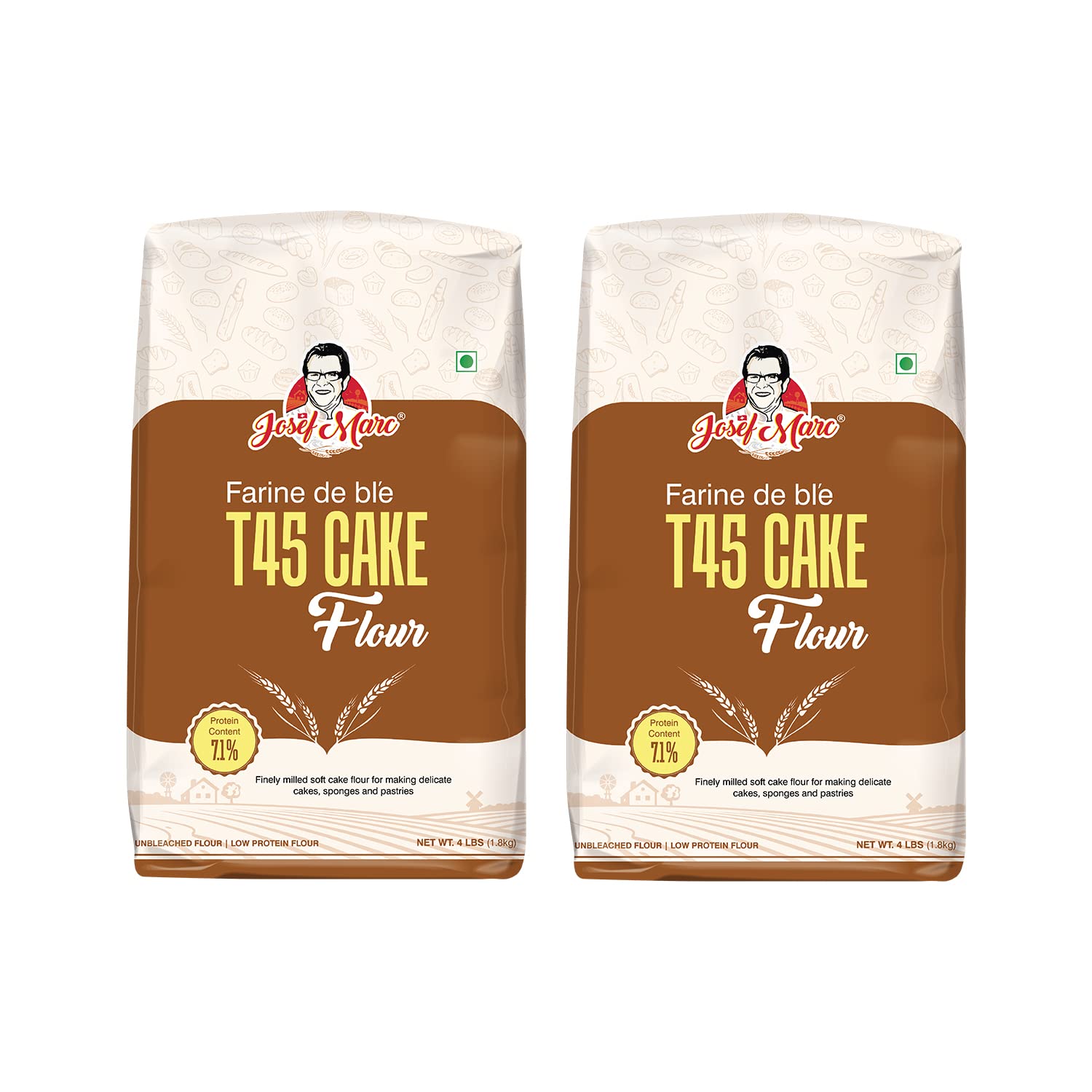 JOSEF MARC Farine De Ble T45 Cake Flour, 4 LBS (1.8kg) - Unbleached & Low Protein Flour, All Purpose Cake Flour (Pack of 2) Unbleached Baking Flour & Low Protein Baking Flour