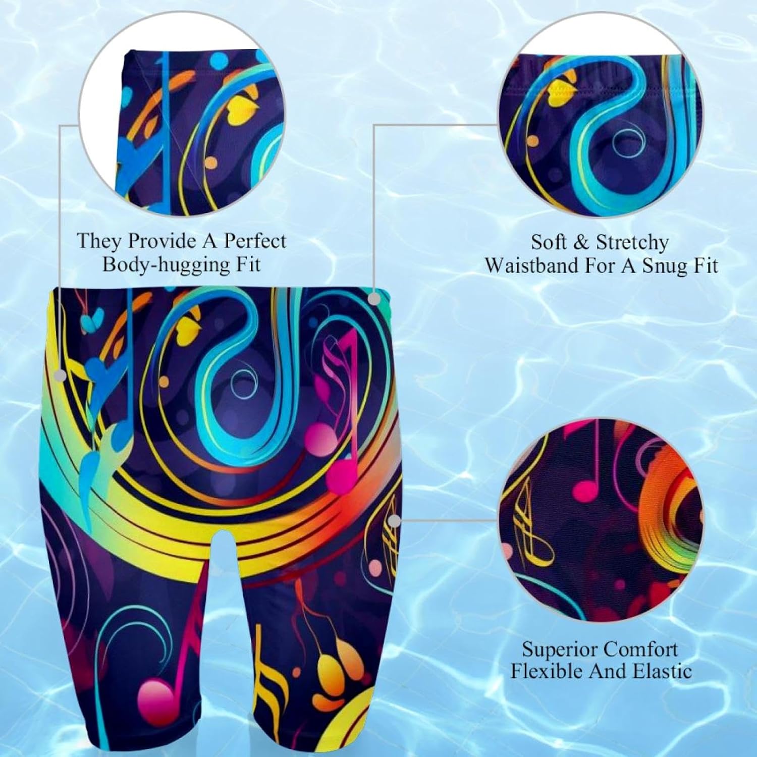 Colorful Music Notes Men's Swim Jammers for Training, Swim Shorts for Boy Dry Quick Youth Boys Jammer Swimwear