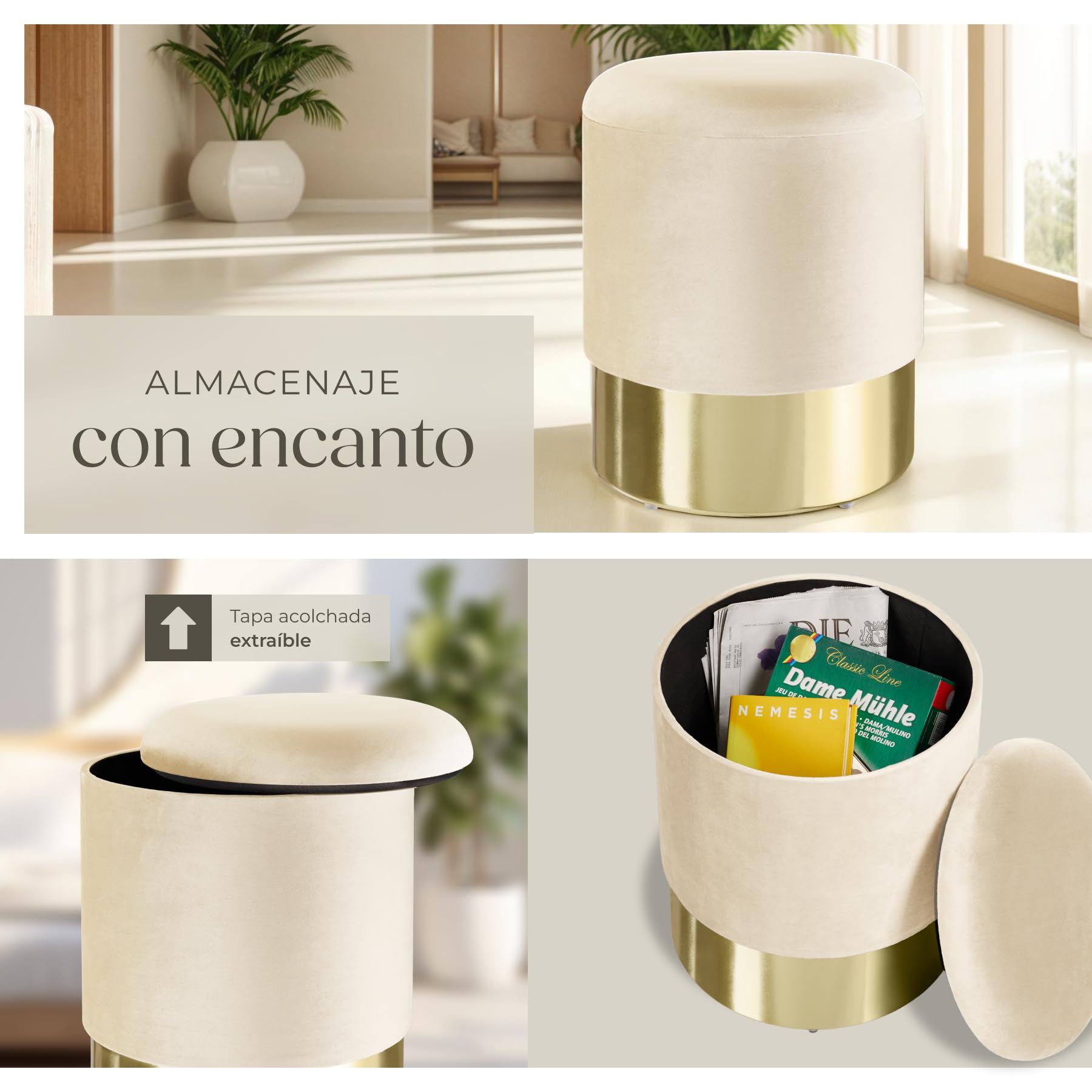 tectake® Taburete Tocador con Almacenaje para Dormitorio, Ideal Puff Almacenaje o Silla Tocador Maquillaje, un Mueble Auxiliar Dormitorio Práctico y Elegante - 36 x 36 x 44,5 cm Crema