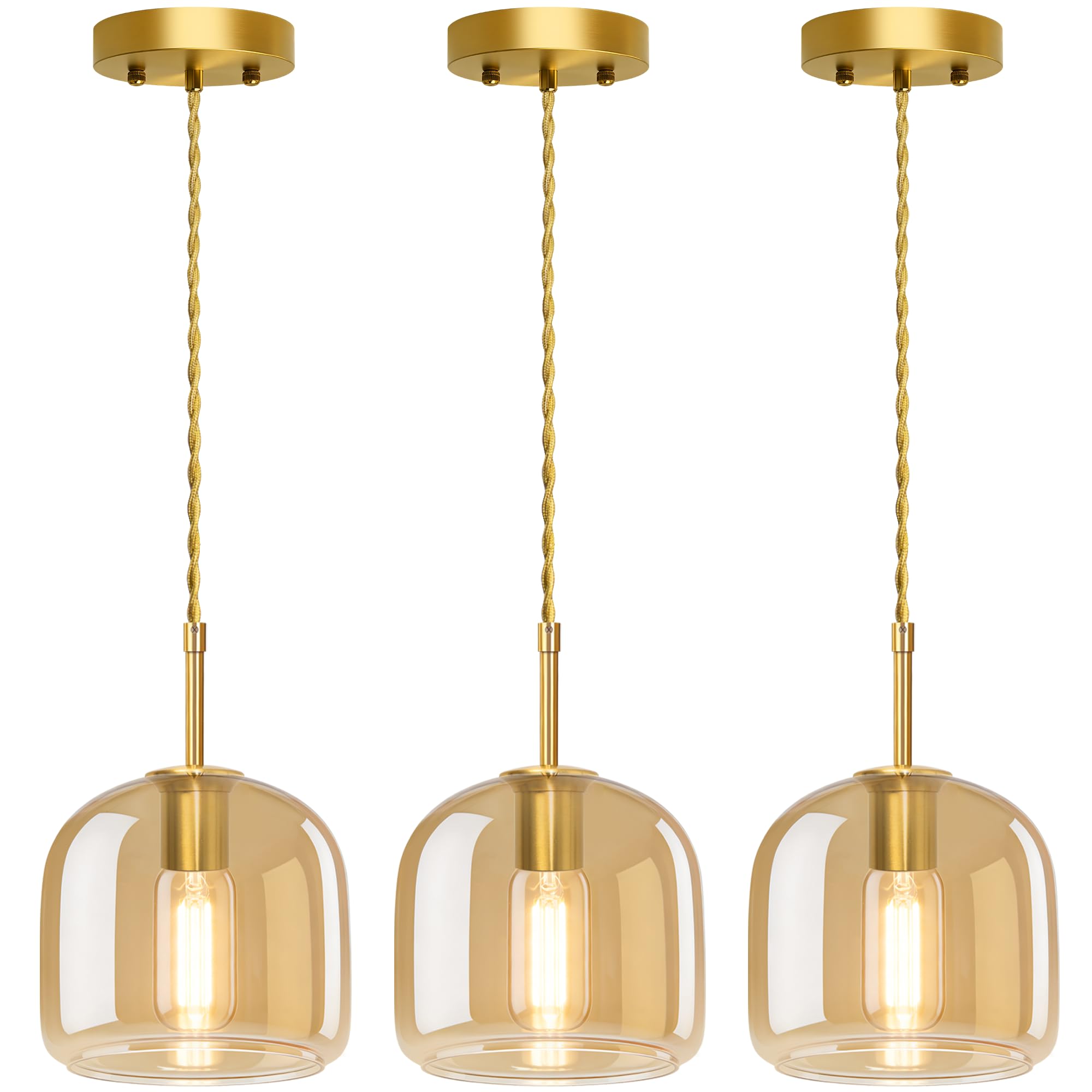 Pendant Lights 3 Pack,Pendant Kitchen Island Light with Amber Glass Shade,Gold Pendant Light Adjustable Hanging Light for Dining Room,Kitchen Island,Hallway,Living Room and Coffee Shop