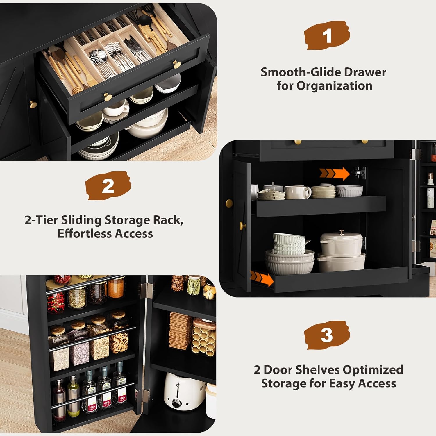 వివరంగా view highlighting the smooth-glide drawer, 2-tier sliding storage rack, and 2 door shelves for optimized storage.