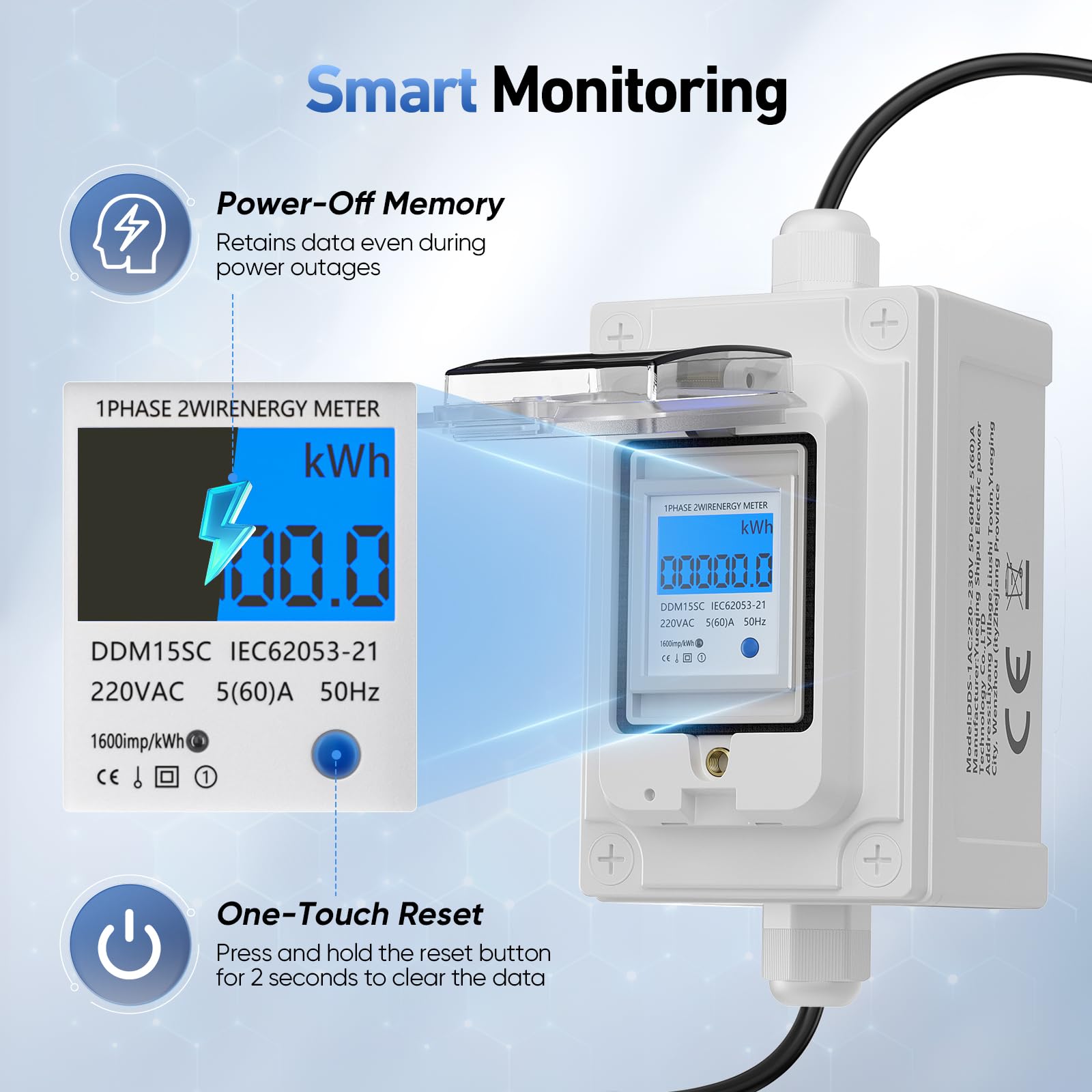 Contatore elettrico digitale portatile 230 V, monitor del consumo di energia con spina industriale/cavo in gomma, monitor di energia portatile impermeabile IP67 per camper/elettricità