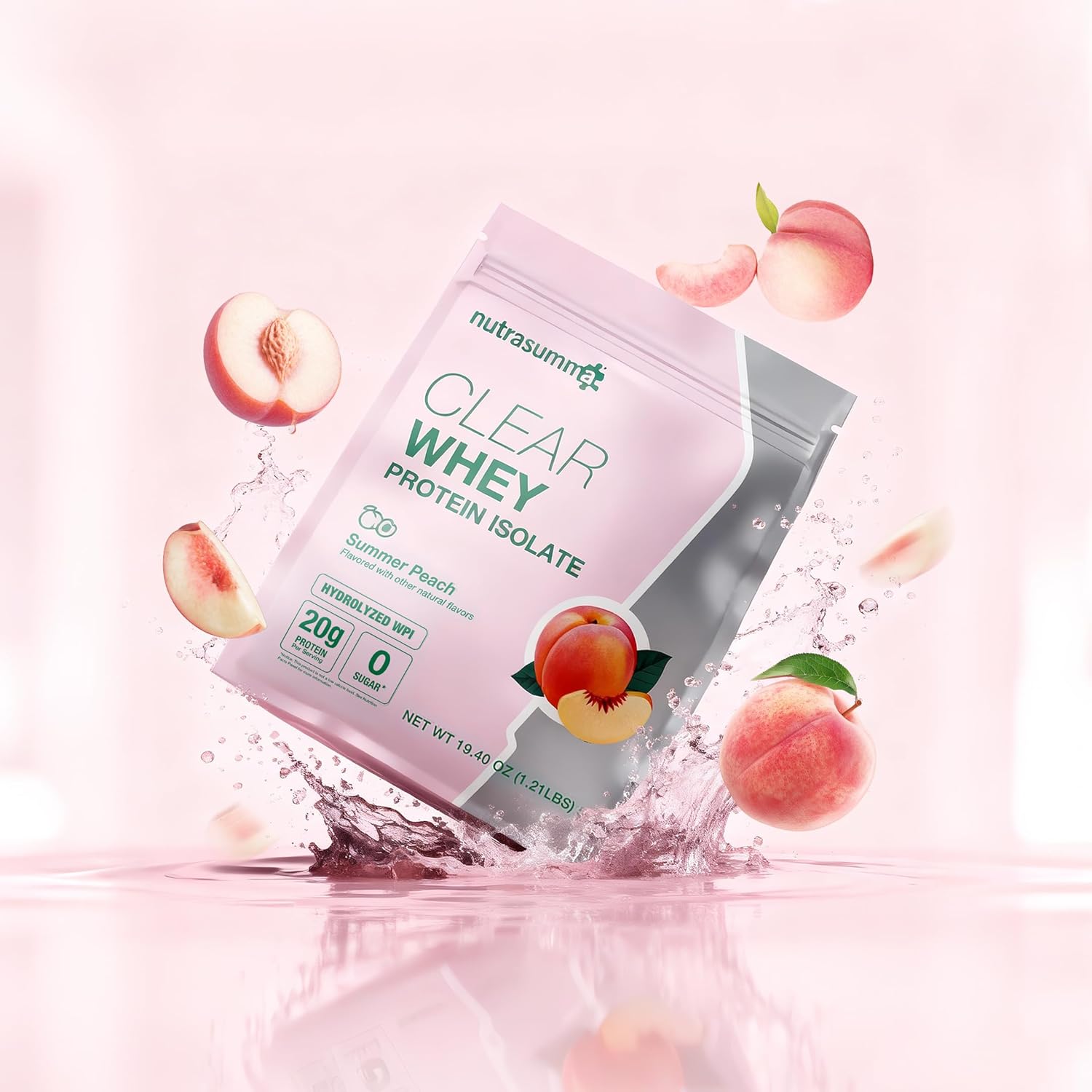 Nutrasumma Clear Whey Protein Isolate Powder, 20g Protein, Sugar Free, Fat Free, Lactose Free, Summer Peach Flavor, 1.21 lb, 22 Servings