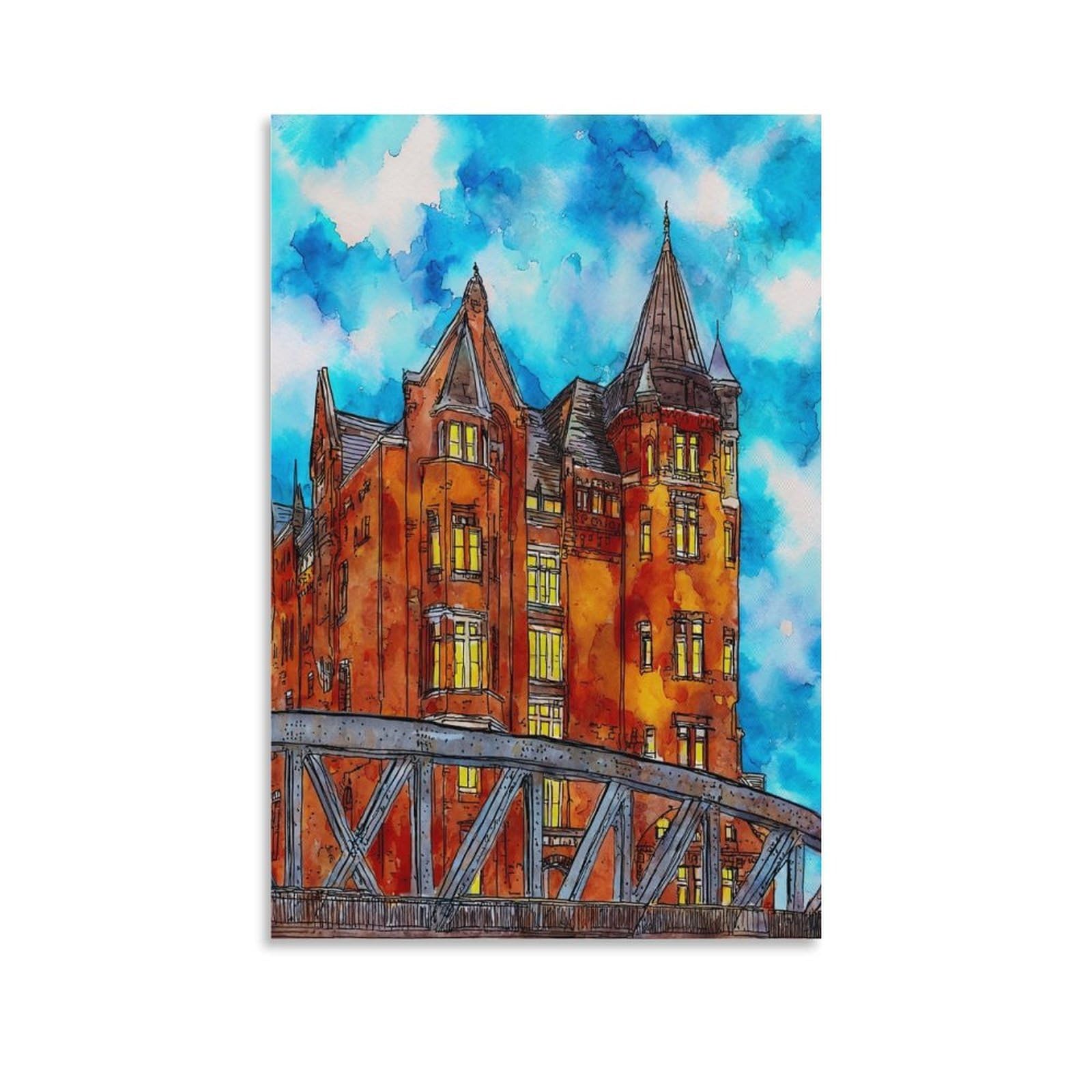 Cnaheiz Unframe-Style Hamburg Germany 24X36inch(60X90cm) Vintage Travel Poster Watercolor Canvas Art