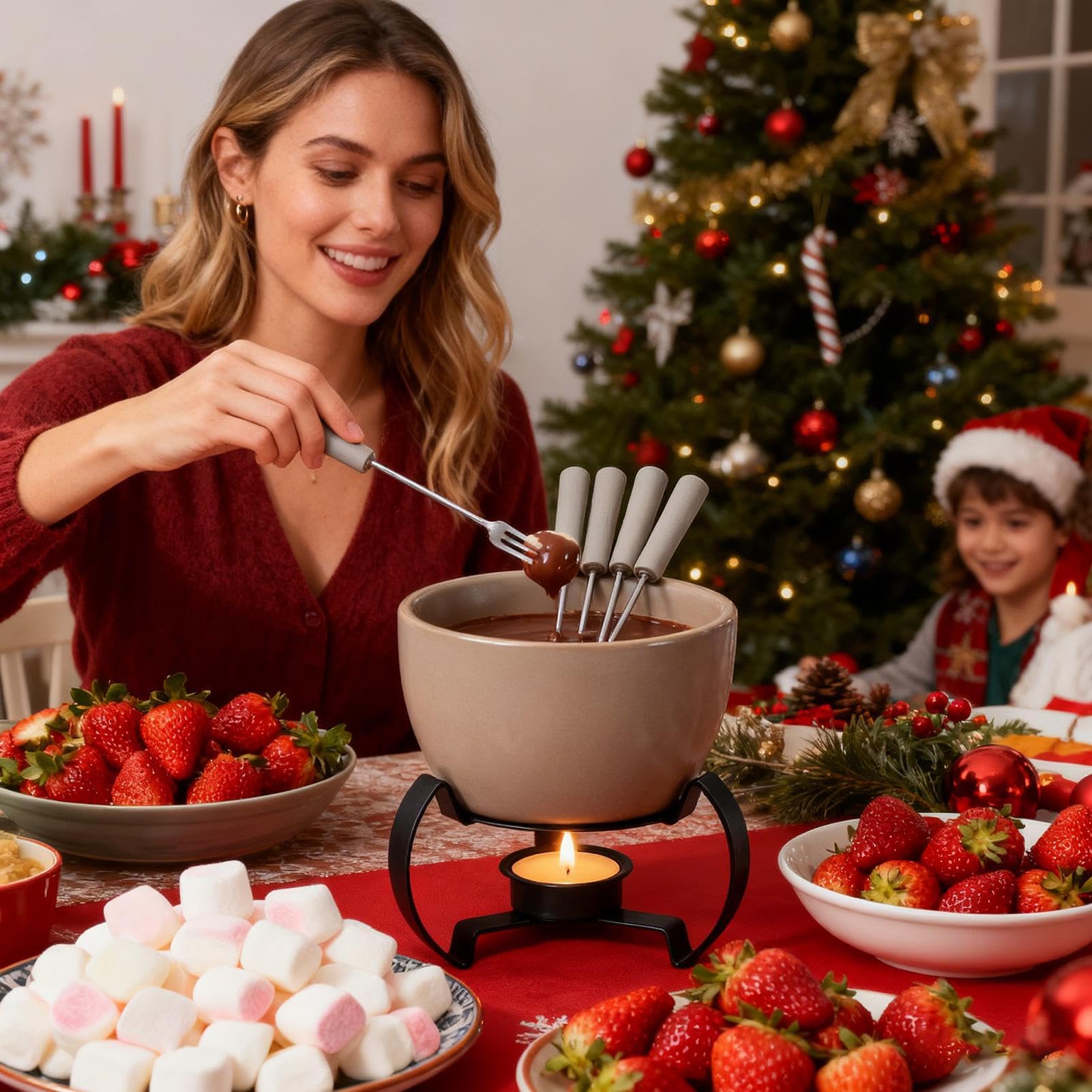 Generico Fondue Scaldaburro Ceramico con Forchette | Per Fonduta E Scioglimento Formaggio Per Dessert, Casa, Cucina, Festa, Campeggio, Picnic, Serata Romantica, Compleanno,