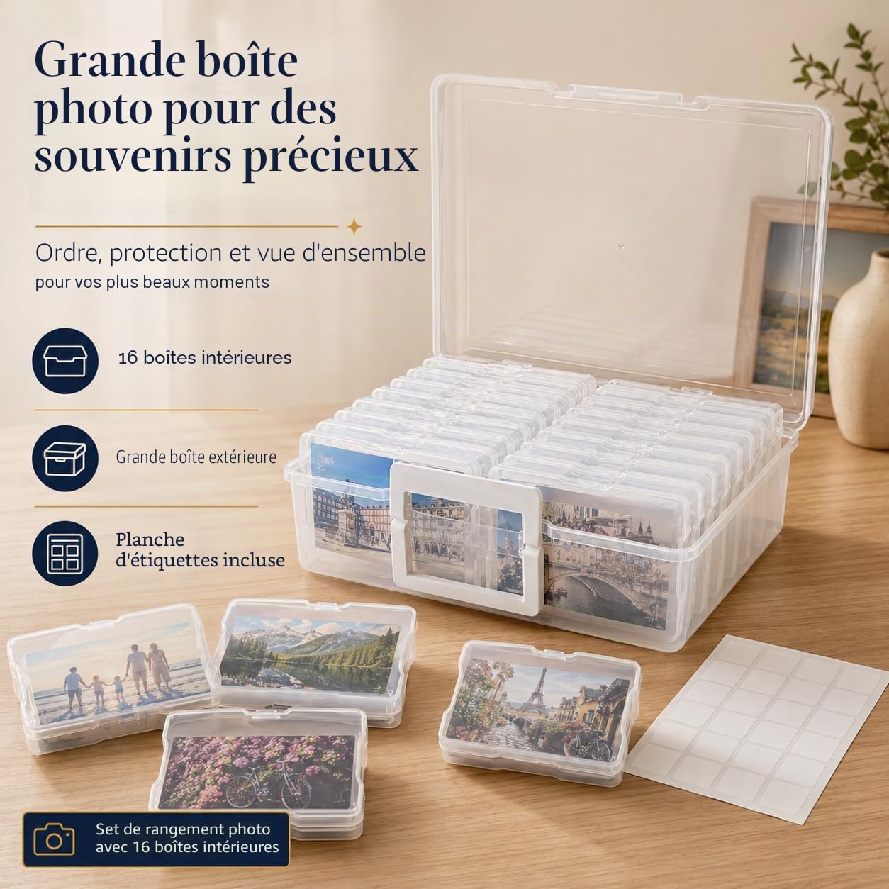 ALINK Boîte de rangement pour photos - 10 x 15 cm - 16 supports photo intérieurs - Boîtes de rangement transparentes en plastique - Pour semences, cartes, artisanat, autocollants transparents