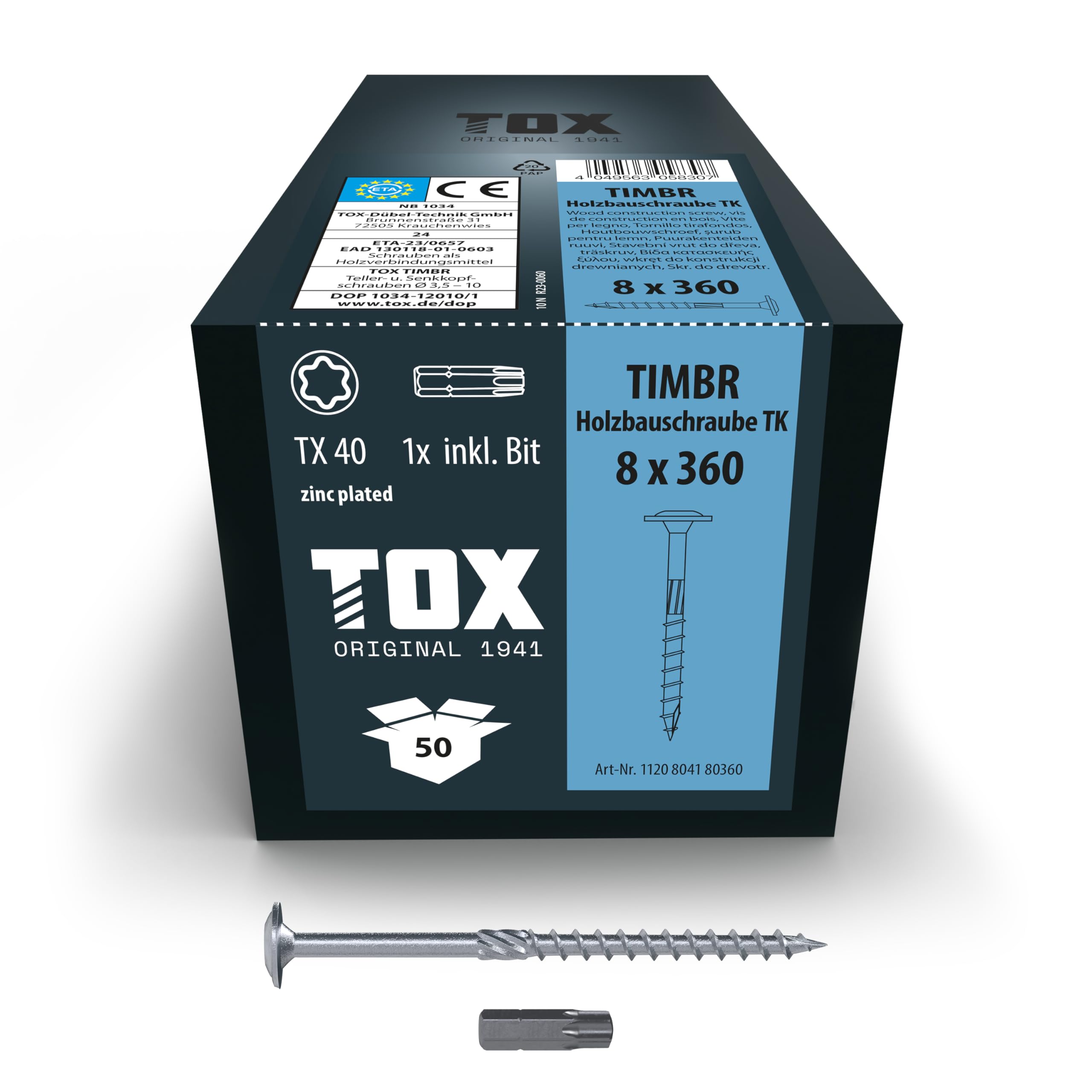 TOX Timbr TK 1120804180360 Wood Screws 8.0 x 360 mm, Blue Galvanised with Flat Head, TX40