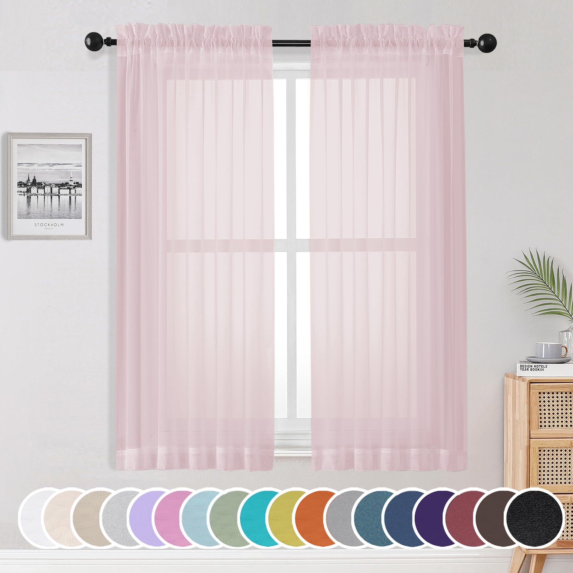 Light Pink Sheer Curtains 63 Inch Length 2 Panels Set for Living Room/Bedroom, Rod Pocket Fimly Voile Blush Sheer Curtain for Nursery Room, Elegant Airy Sheer Panels, 2 Pcs Total 84Wx63L inch
