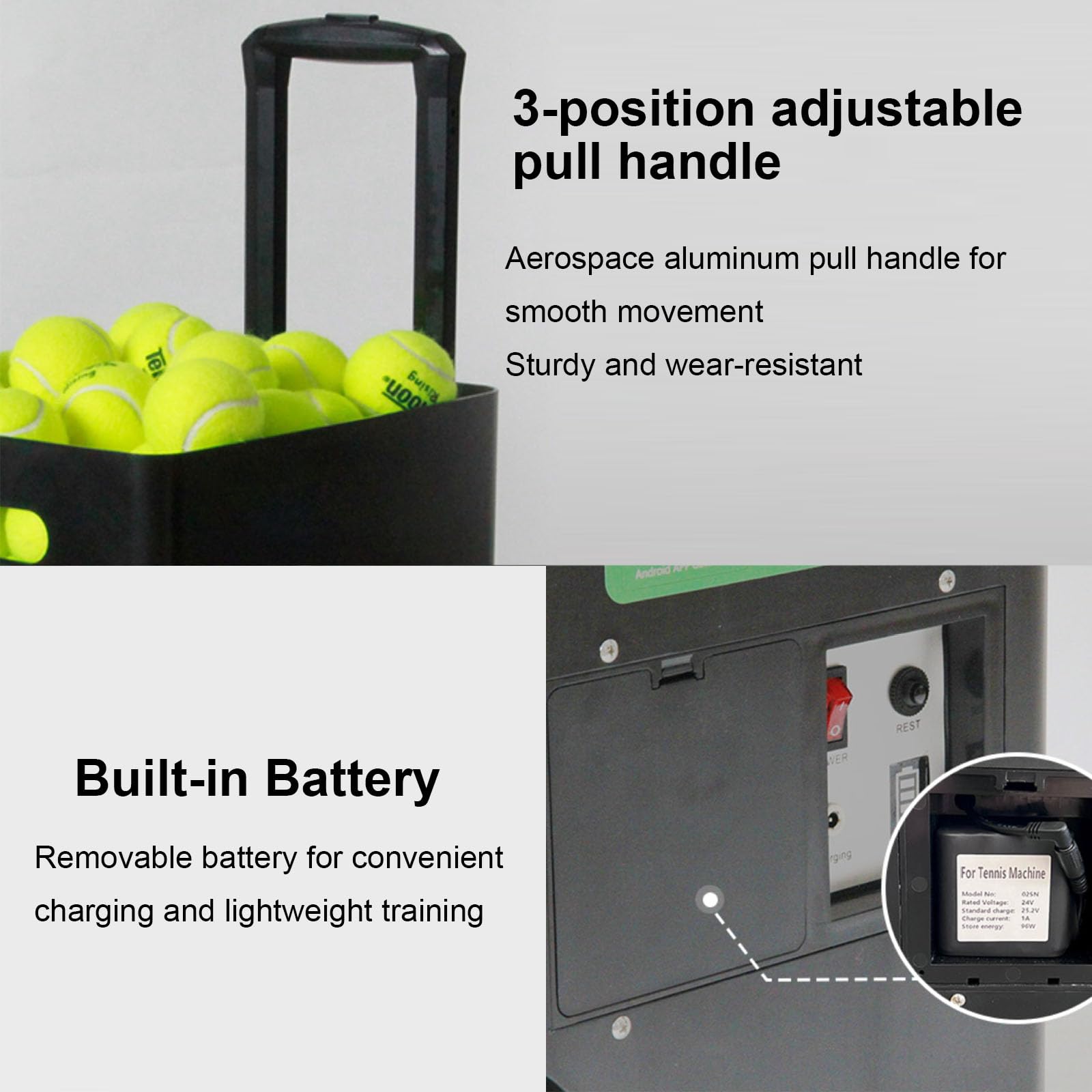 Macchina portatile per palline da tennis con capacità di 50 palline, frequenza 2-8 secondi, distanza di lancio fino a 12 m e altezza fino a 6 m, ideale per campi comunitari e uso domestico
