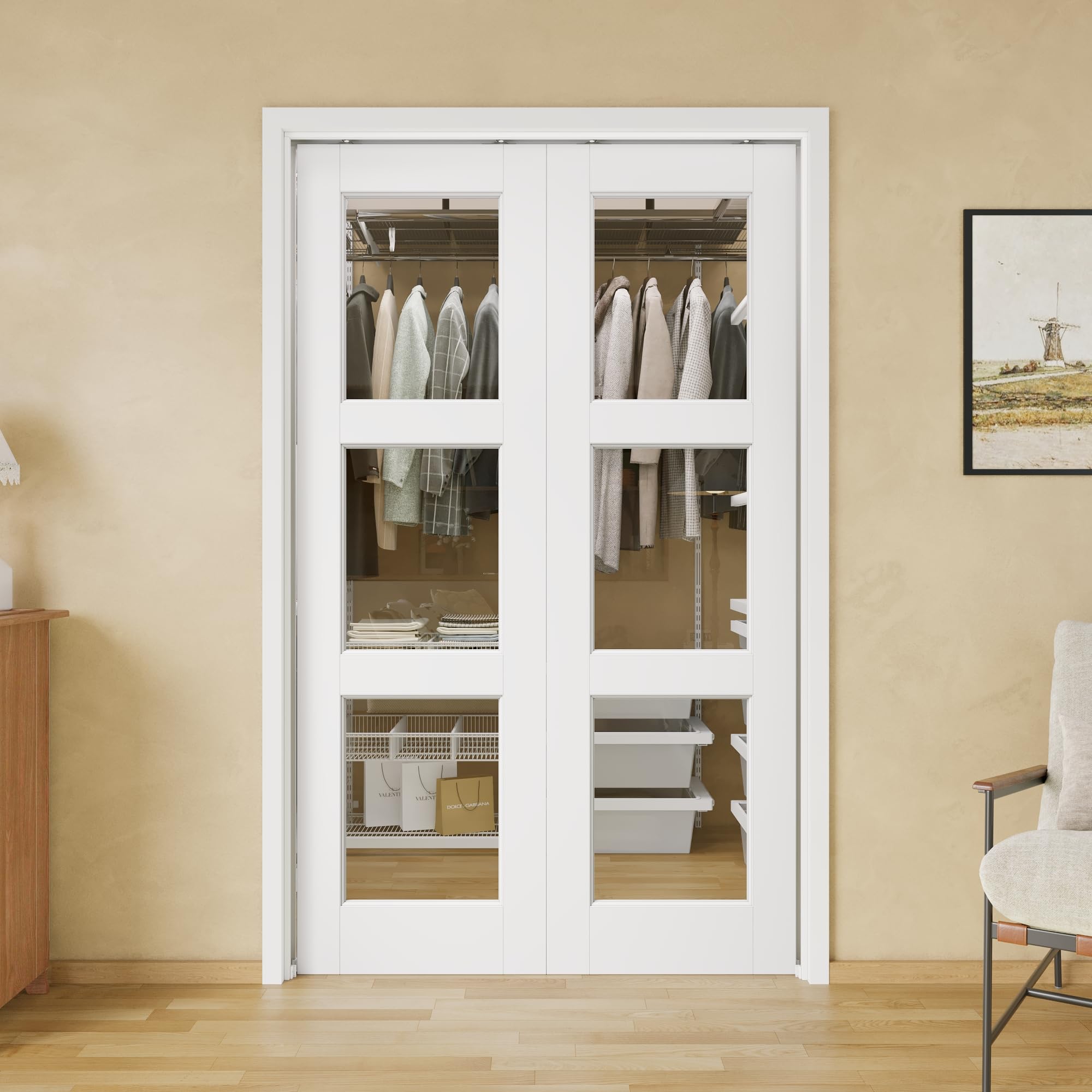 36x80 Double Glass Pocket Door,3-Lite Clear Glass Door,Sliding French Doors
