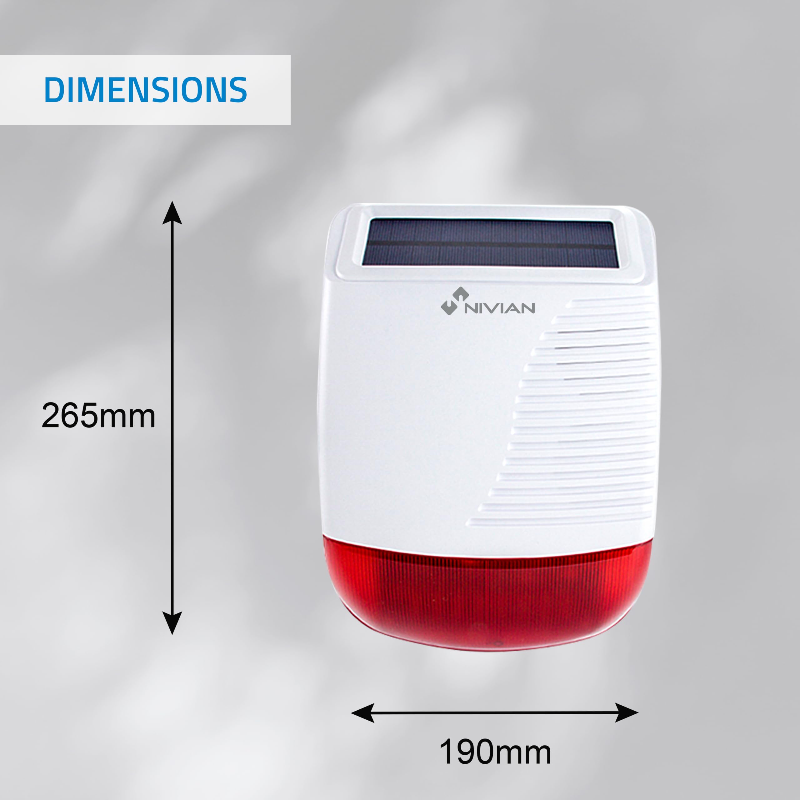 Nivian NVS-SOLARSIREN – Sirène Extérieure sans Fil Solaire 120 DB avec Flash LED Stroboscopique, Compatible Alarmes Nivian 433 MHz, IP65, Batterie Rechargeable, Portée 80 m, Anti-Sabotage