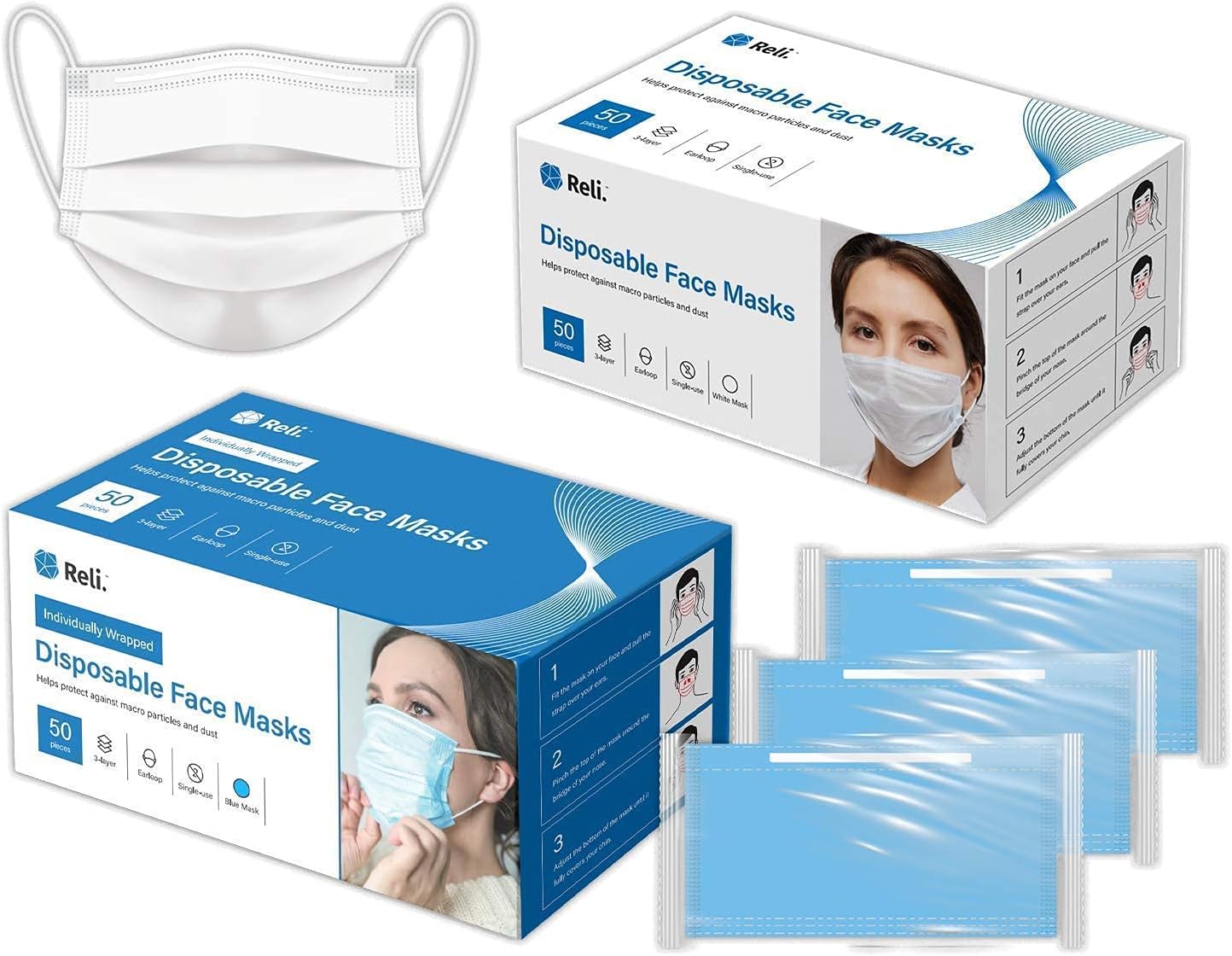 Reli. Individually Wrapped Face Masks 50 Pcs (Blue) and White Face Masks 50 Pcs