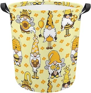 FISNAE Yellow Honey Bees Storage Baskets, Gnomes Flower Small Laundry Hamper-Collapsible Storage Bin with Handles Round Toy Organizer Bin for Kid's Room,Office,Nursery Hamper, Home Decor