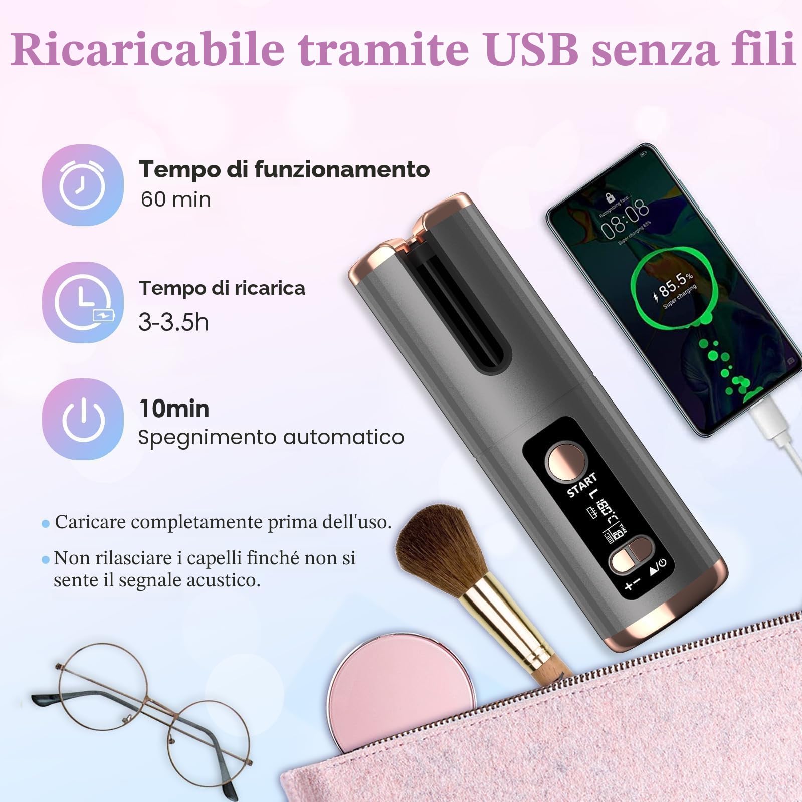 Ferro Arricciacapelli Automatico, Piastra per Capelli Ricaricabile Senza Fili, 6 Temperature, 8-18s Timer, Rivestimento in Ceramica Tormalina, Auto Spegnimente, Promemoria intelligente, Display a LED