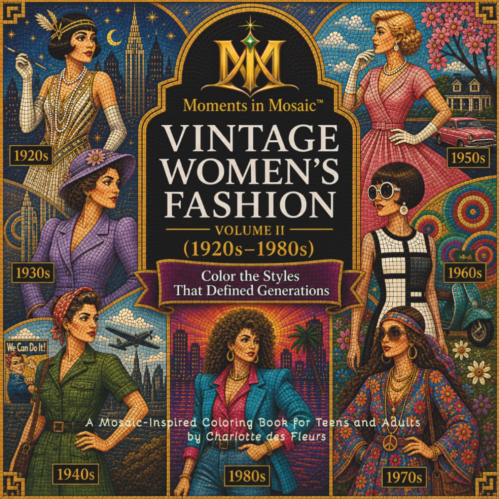 Moments in Mosaic: Vintage Women's Fashion - Volume II (1920s-1980s): Color the Styles that Defined Generations: A Mosaic-Inspired Coloring Book for Teens and Adults