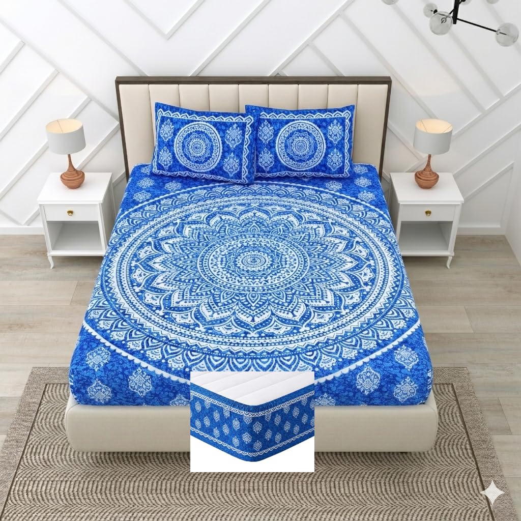 RajasthaniKart® Pure Cotton 144 TC Printed Double/Queen Bed Elastic Fitted Bedsheet with 2 Pillow Covers - All Around Elastic | 60"x78", Fits Up to 8" Mattress | Jaipuri Print, 5296