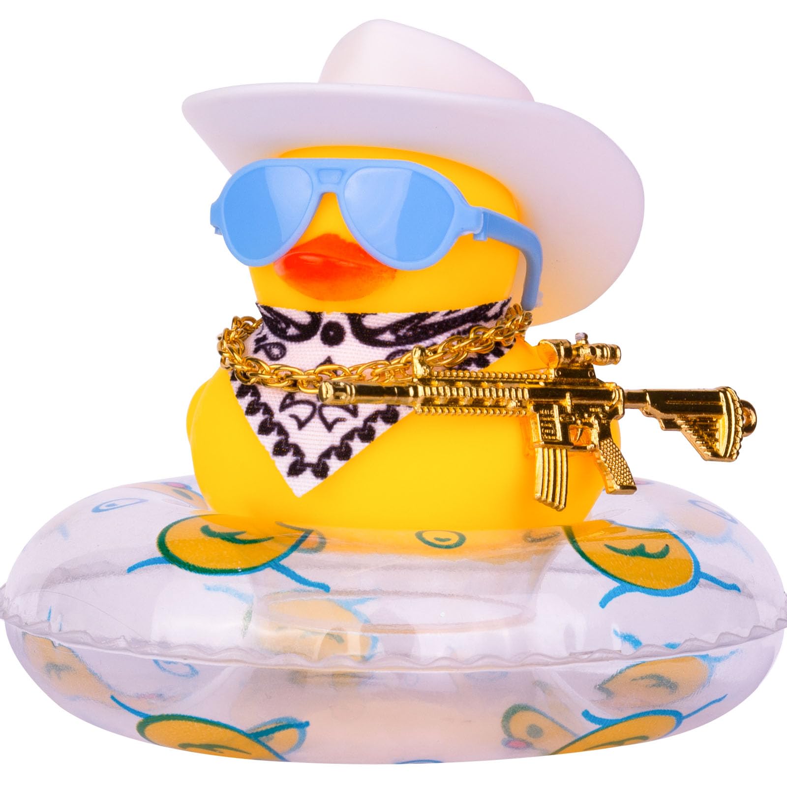 MuMyer Cowboy Duck Car Dashboard Decoration Swim Ring Car Rubber Duck Decoration Accessories with Mini Swim Ring Cowboy Hat Scarf Necklace and Sunglasses(D2-2 Bs-B_W&White)