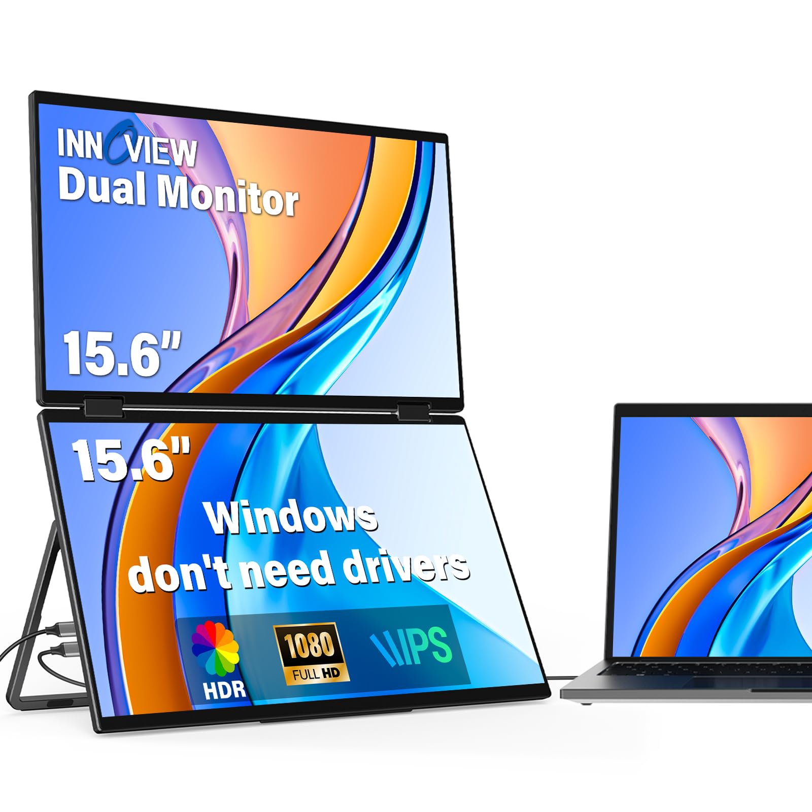 InnoView 15.6 inch laptop dual monitor laptop monitor 1920x1080p FHD foldable stacked dual monitors built-in speakers hdmi usb c dual screen monitor for laptop