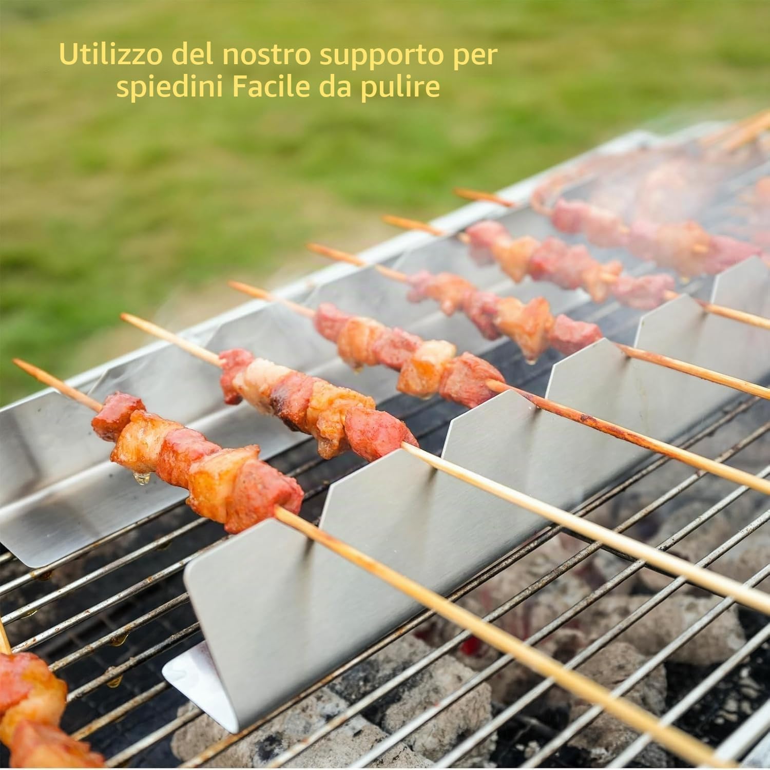 Griglia per spiedini per 6 spiedini. Realizzato in Metallo Acciaio Inox. Lunghezza Rack 30 cm, Altezza 4 cm, Larghezza Base 3,5 cm (6 Pezzi