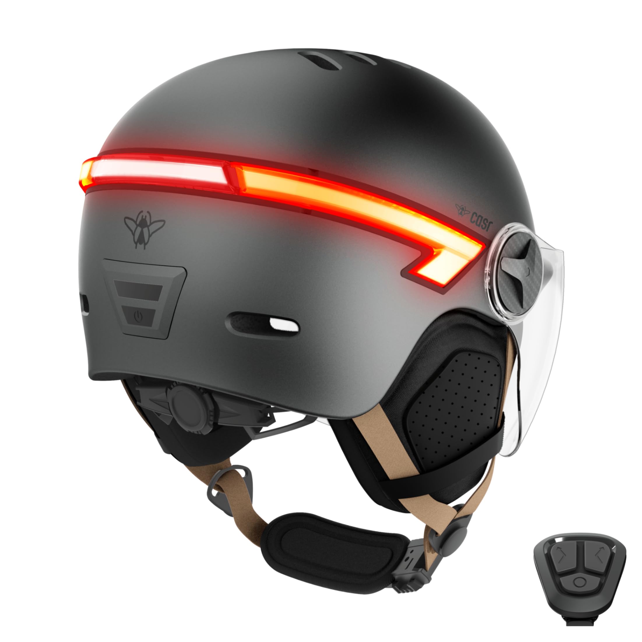 CASR Glow Casco LED per bici e monopattino Visiera XL copriorecchie rimovibili frecce posteriori telecomando
