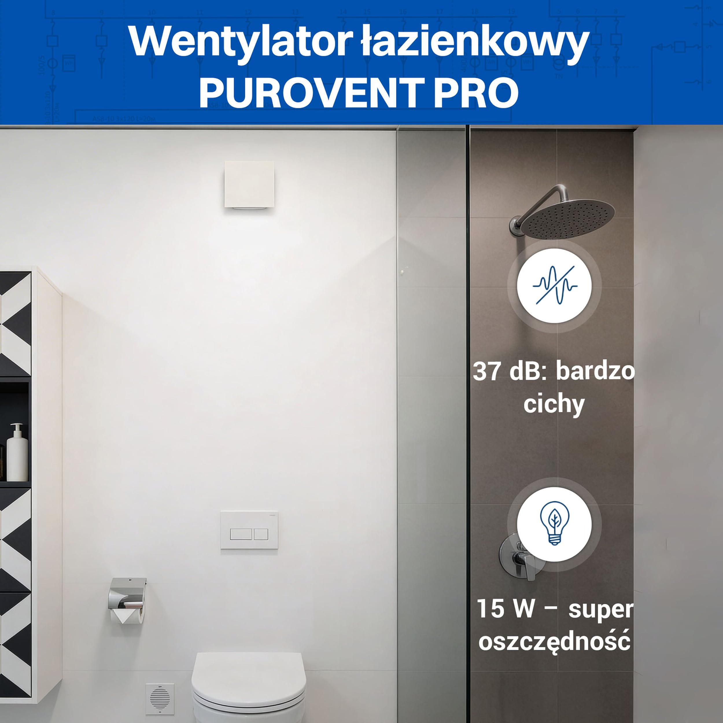 Intratec PUROVENT PRO Wentylator łazienkowy z czujnikiem wilgoci – Wentylator IPX4 100mm 98m³/h 37dB 230V do łazienki, do łatwego montażu na ścianie i suficie – 160 x 98 x 98mm