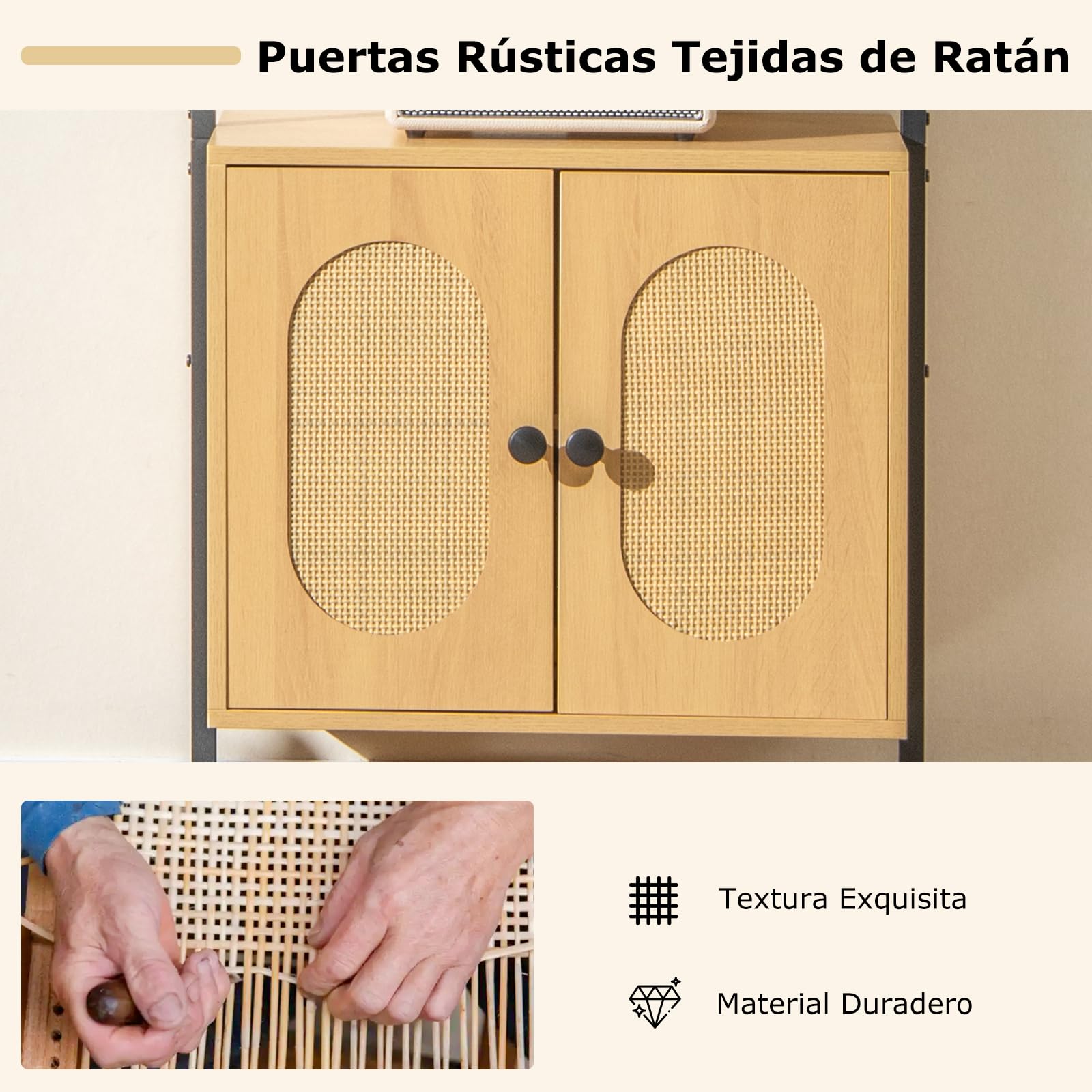 COSTWAY Estantería Escalera de Pared, Estantería de Ratán con 3 Niveles y Armario, Marco de Metal, Libreria Estrecha Salon Dormitorio Oficina Baño, Natural, 60 x 30 x 184 cm