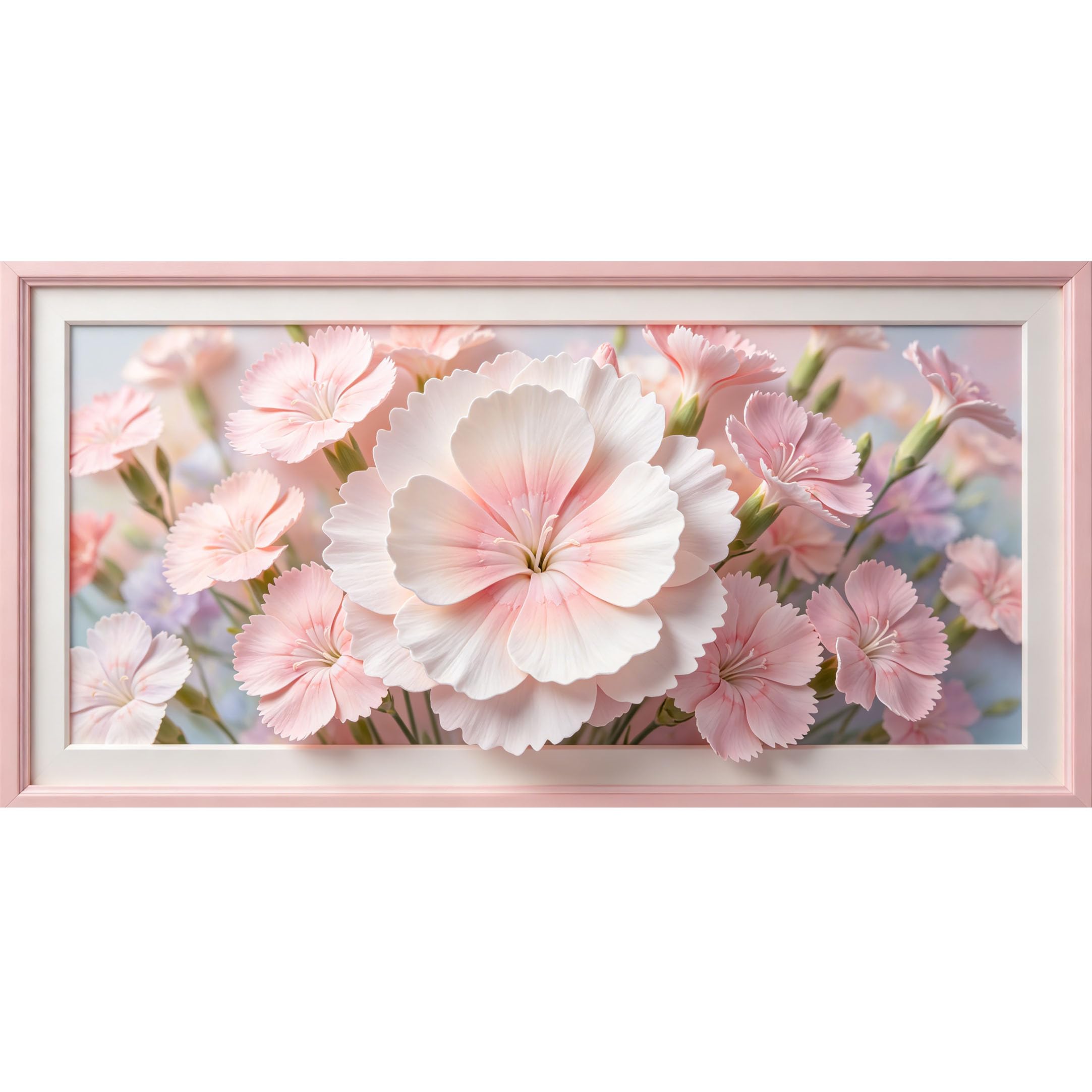 Agglomerix 3D Framed Wall Art Pink Carnation Floral Botanical Watercolor Textured Large Size Self-Adhesive Removable Wall Decor Prints Artwork for Living Room Bedroom Office