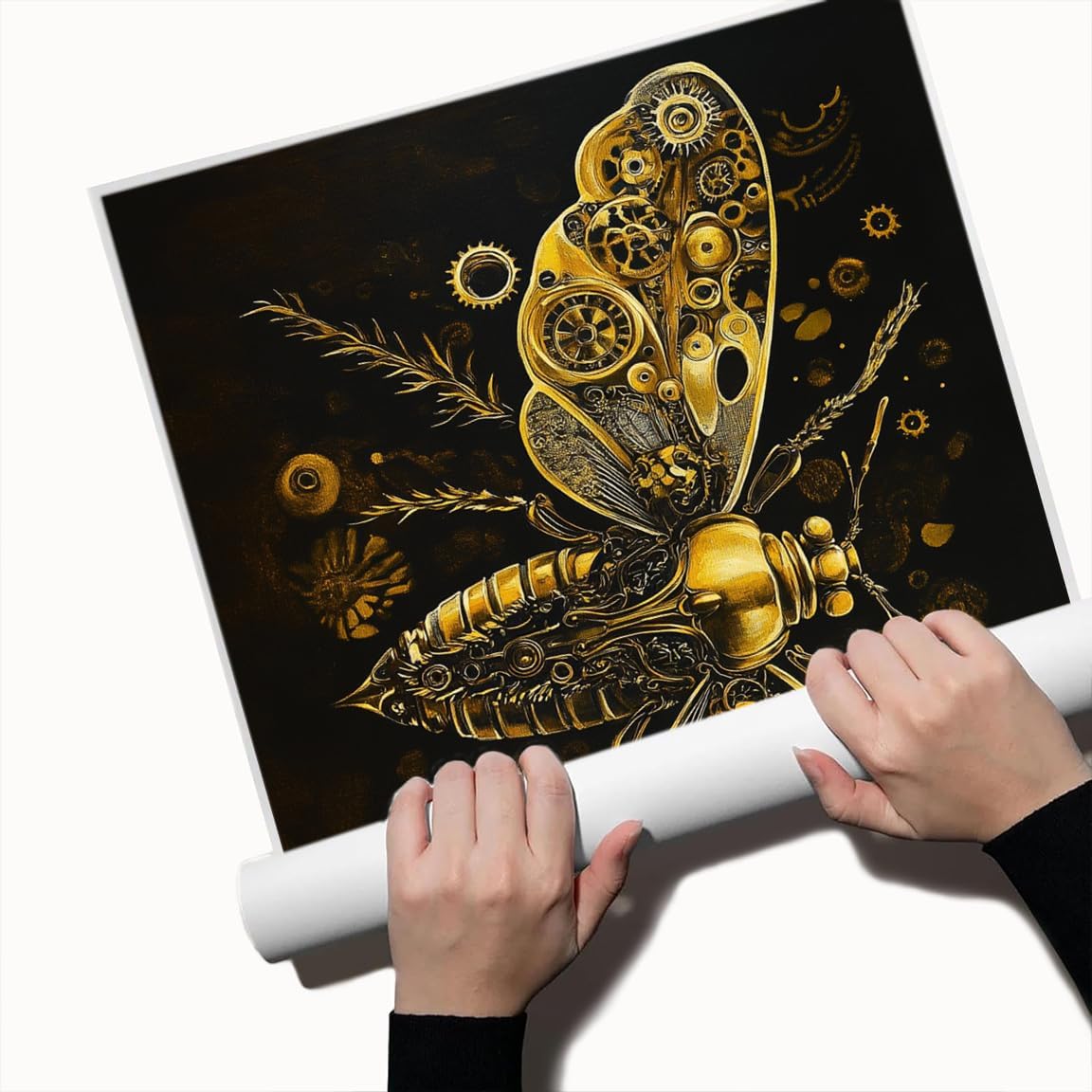 Steampunk Moth Canvas Wall Art Intricate Mechanical Illustration with Gears and Cogs Symmetrical Gold and Bronze Design for Office Lounge Industrial Decor Posters 24x36in Unframed