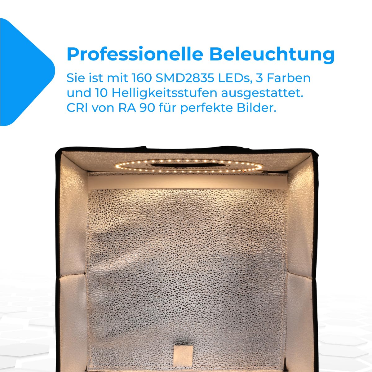 NK Mini Photobox Fotostudio Set (60x60cm) - Lichtzelt, 160 LEDs, 3 Lichttemperaturen, 10-Fach einstellbare Helligkeit, RA90, Kleine Produkte Schmuck, Tragegriff (3 Farbhintergründe)