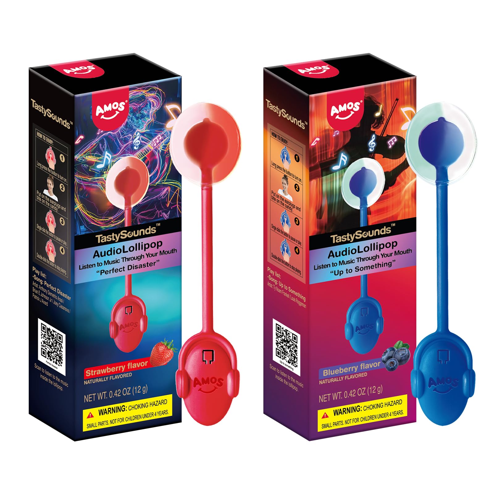 Amos Music Lollipop Candy Suckers, Singing Lollipop Sugar Free, Unique Gift for Men &Women, Individually Wrapped Strawberry and Blueberry Flavor Combo Pack