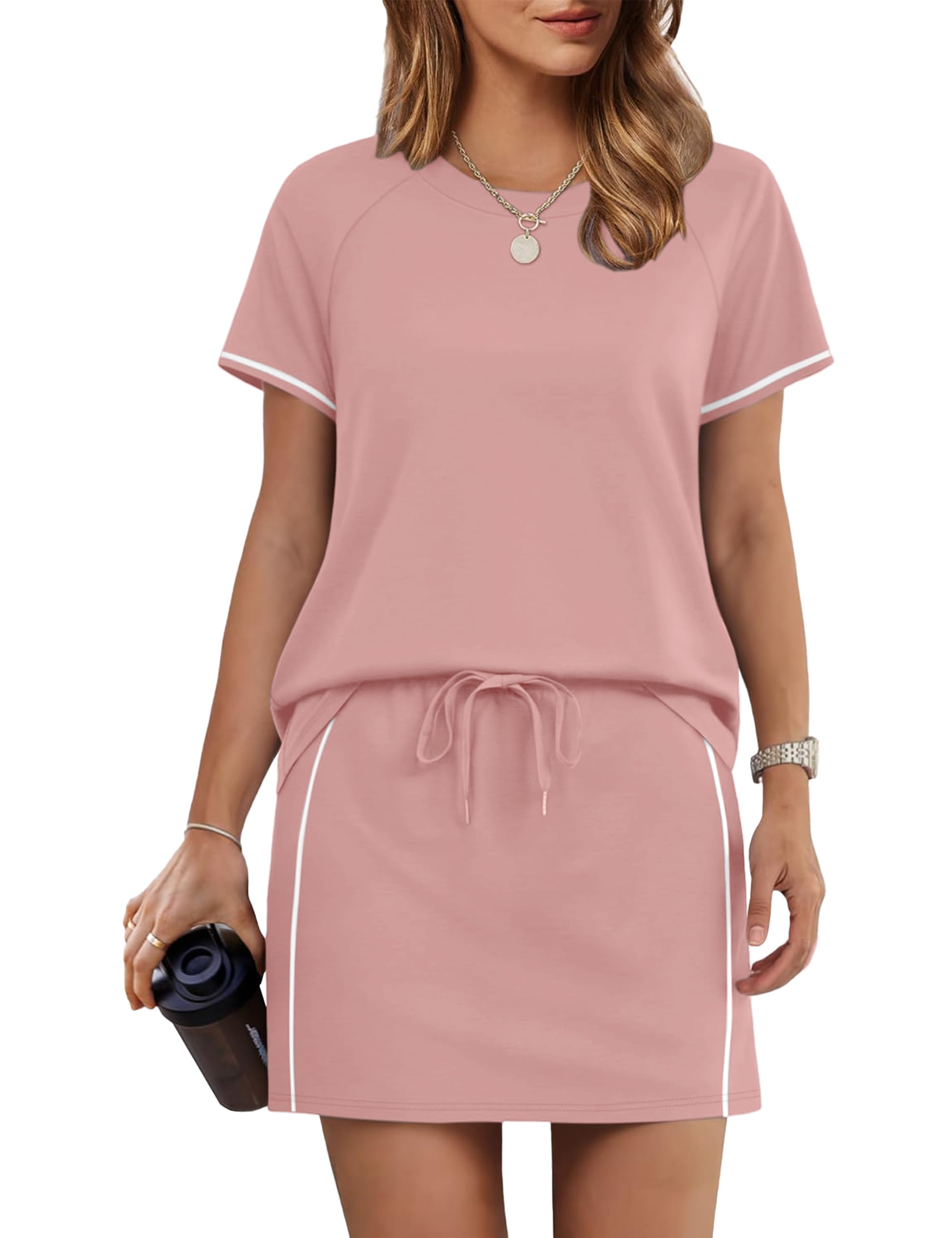 Desol Chándal de verano de dos piezas para mujer, falda de tenis hasta la rodilla, falda de tenis con pantalones cortos integrados y dos bolsillos, adecuado como falda de golf o falda deportiva