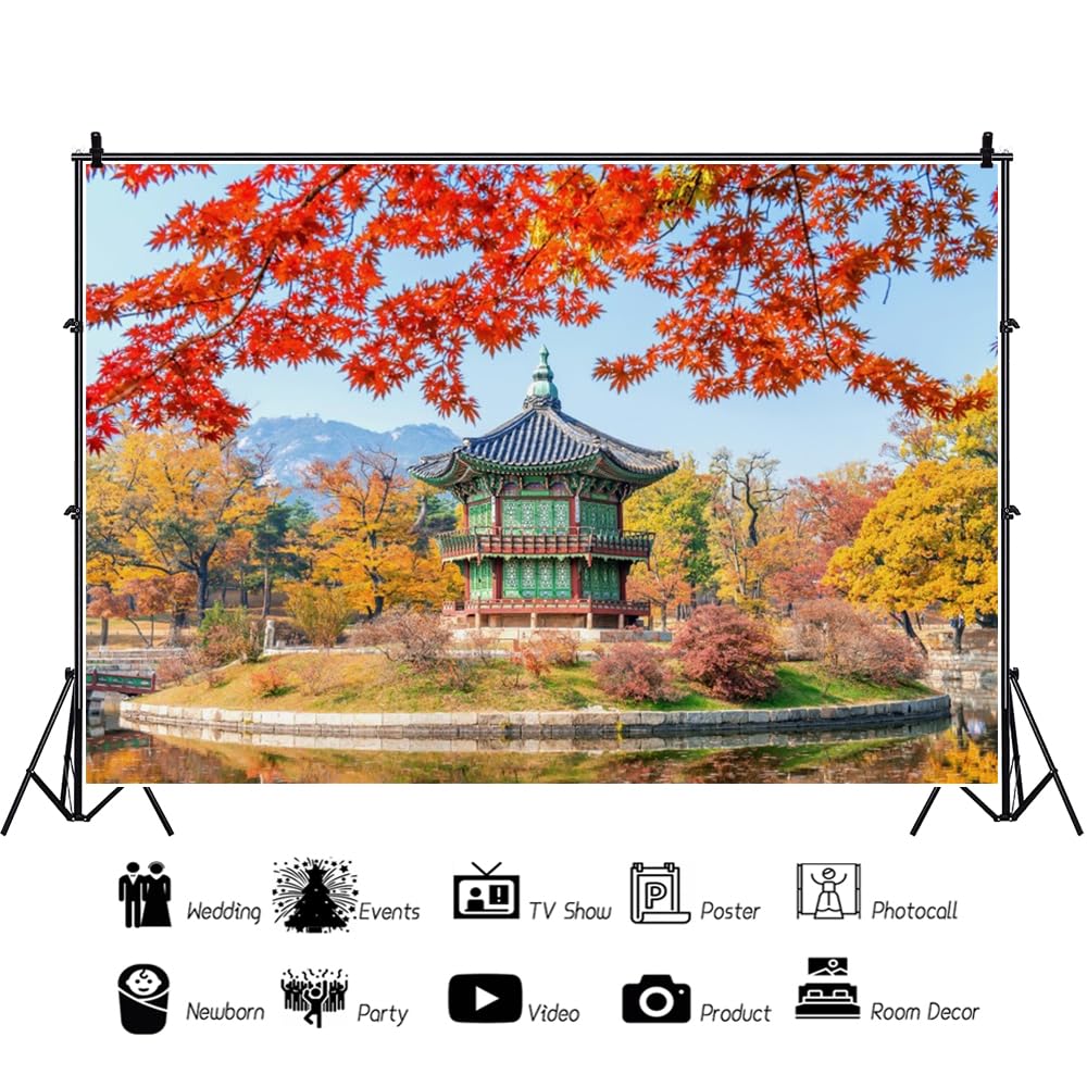 10x8ft Autunno Gyeongbokgung Palazzo Sfondo per Fotografia Corea del Sud Giardino Foglie d'Acero Sfondo per Viaggi Asiatici Festa a Tema Decorazione Banner Photoshoot Studio Puntelli