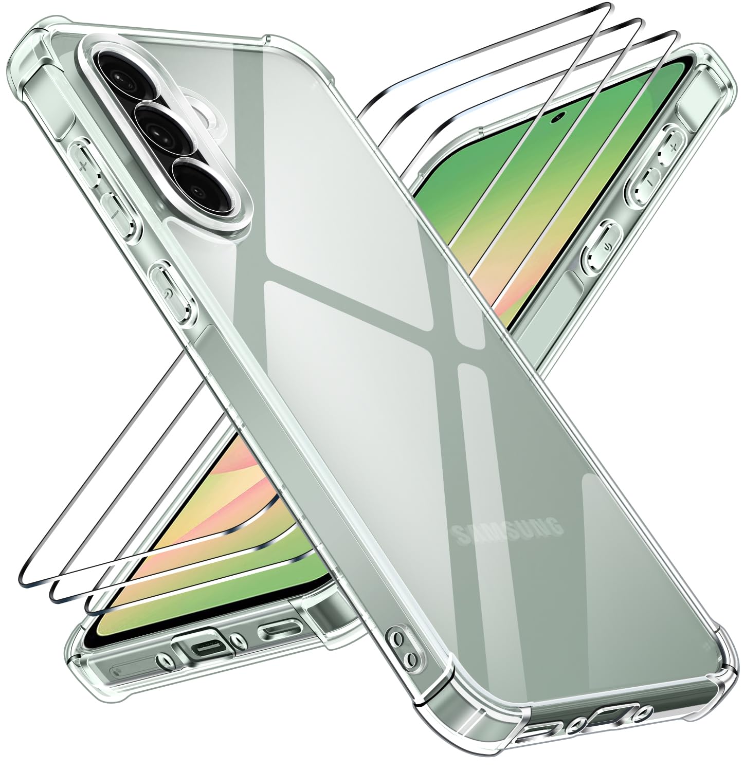 iVoler Anti Ingiallimento Chiaro Cover per Samsung Galaxy A56 5G con 3 Pezzi Vetro Temperato, Custodia Antiurto Trasparente per Assorbimento degli Urti con Paraurti in TPU Morbido Sottile Case